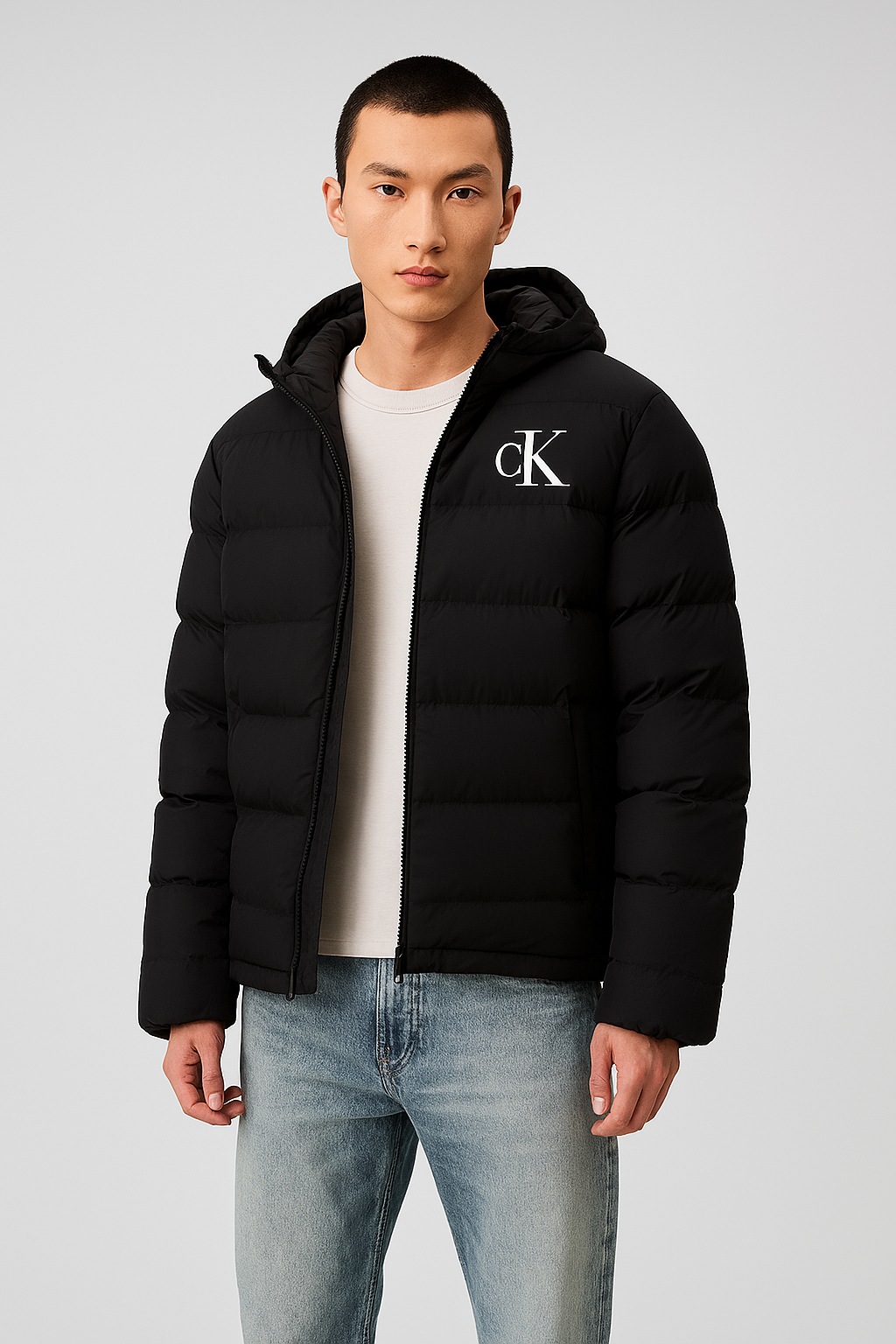 Calvin Klein Jeans Steppjacke »LS NYLON MONOGRAM PUFFER JKT« ohne Kapuze Mit Rundhalsausschnitt, regular fit