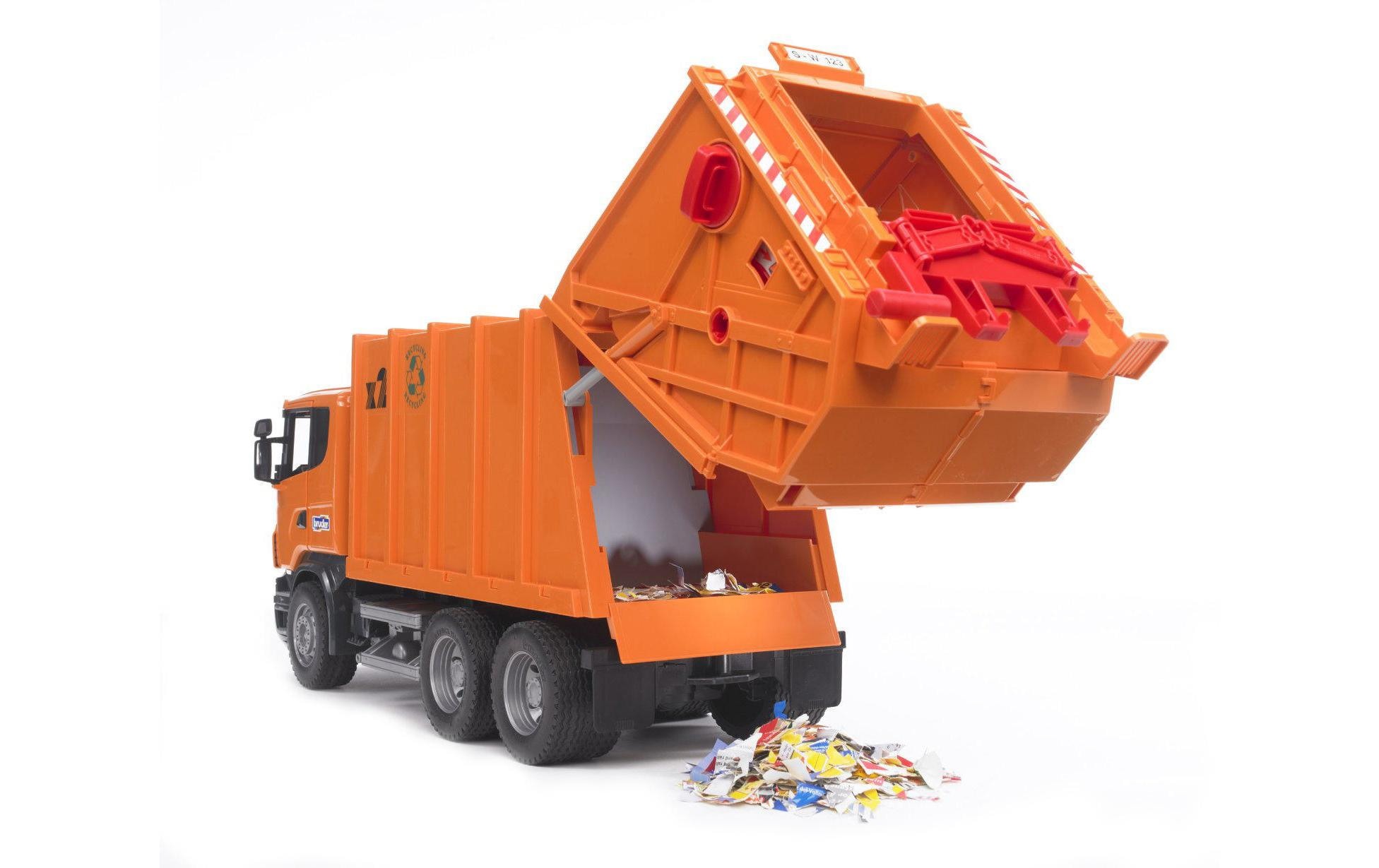 Bruder® Spielzeug-Müllwagen »Scania R-Serie oranger Müll-LKW«