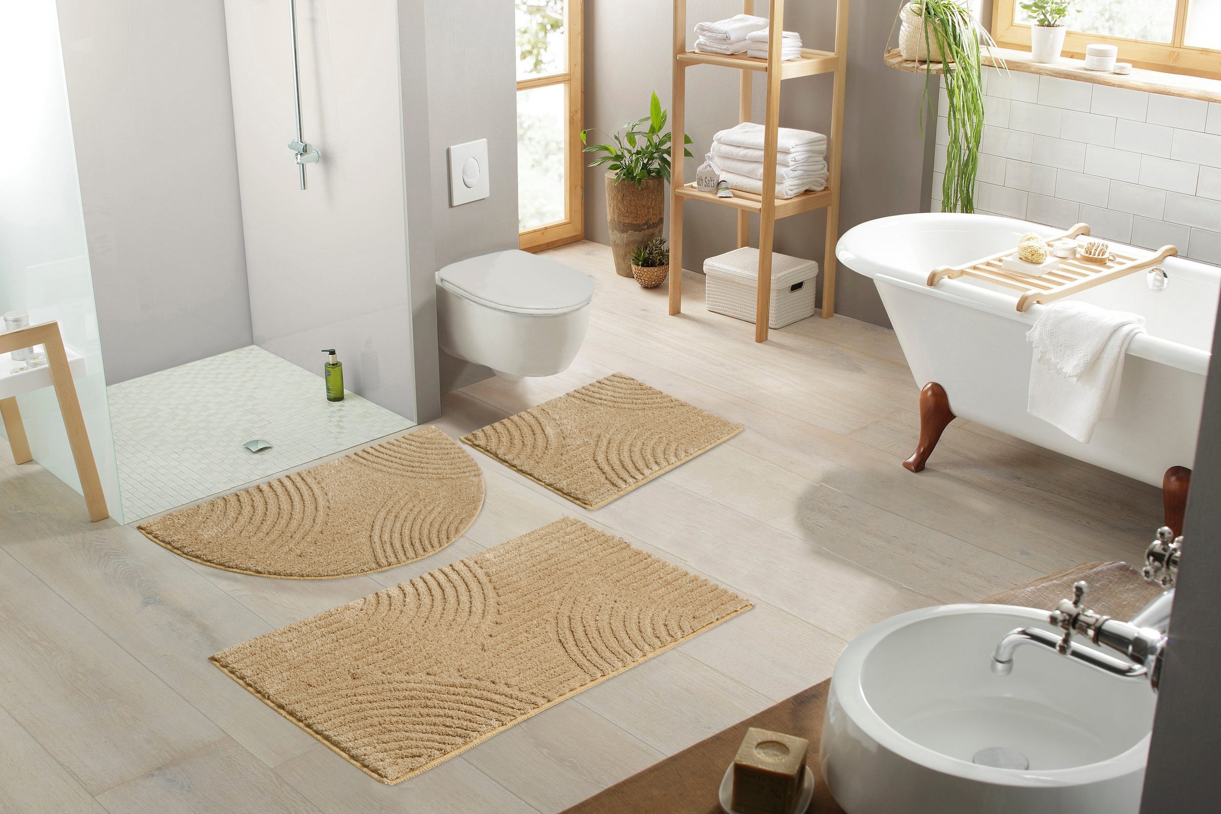 my home Badematte »Ognon, Scandi, Boho, modernes Muster«, rutschhemmend beschichtet, fussbodenheizungsgeeignet-schnell trocknend-strapazierfähig, Badteppich, Uni Farben, Hoch-Tief-Effekt