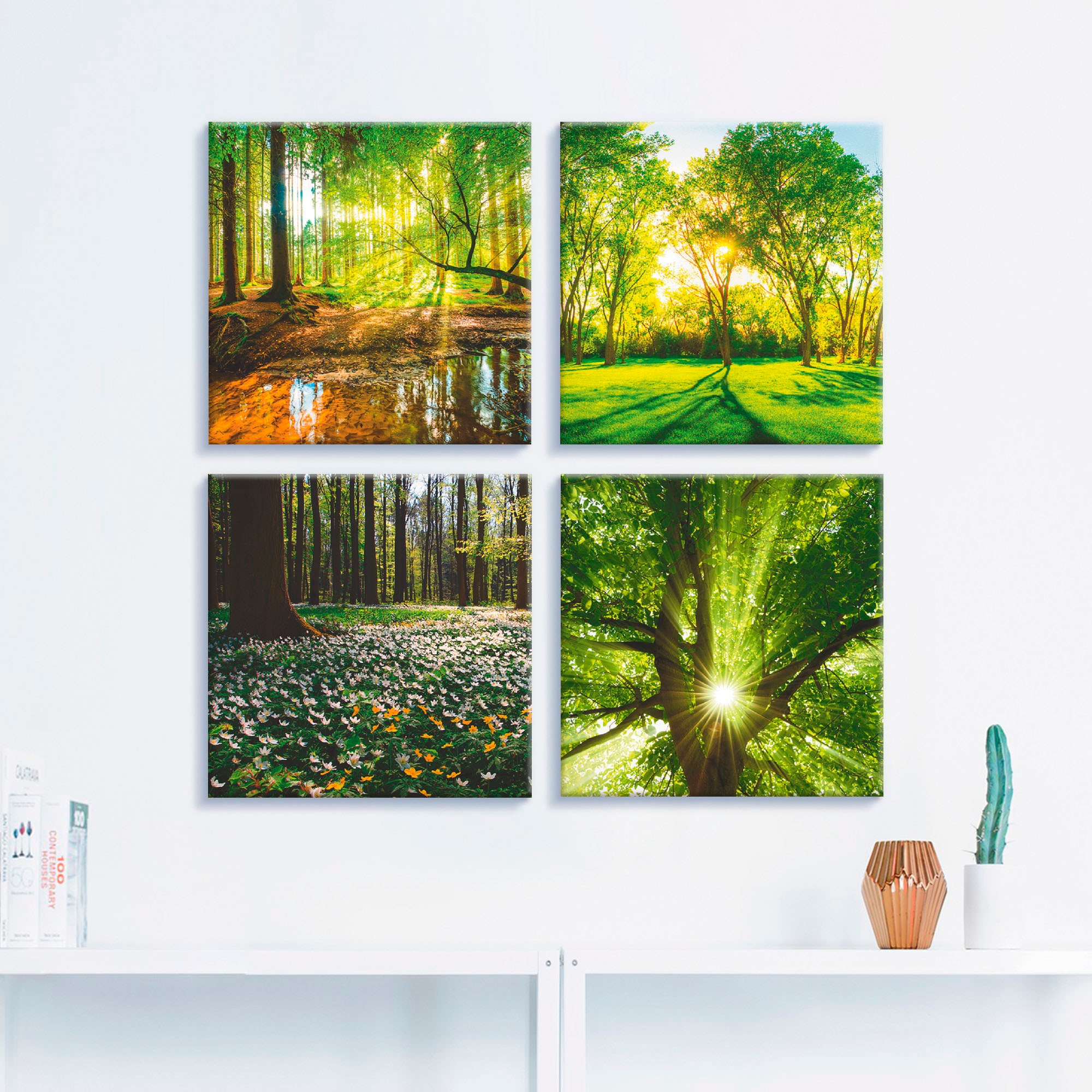 Artland Leinwandbild "Wald Bach Frühling Windrosen Sonne Baum" Wald 4 Stk. tlg. 4er Set, verschiedene Grössen