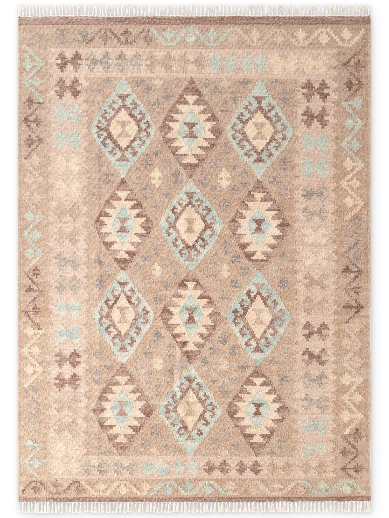 THE RUGS Kamal Afghan Kelim Rug – Handwoven Wool Cotton Reversible 3 mm Pile in Beige | Size: 160cm x 230cm