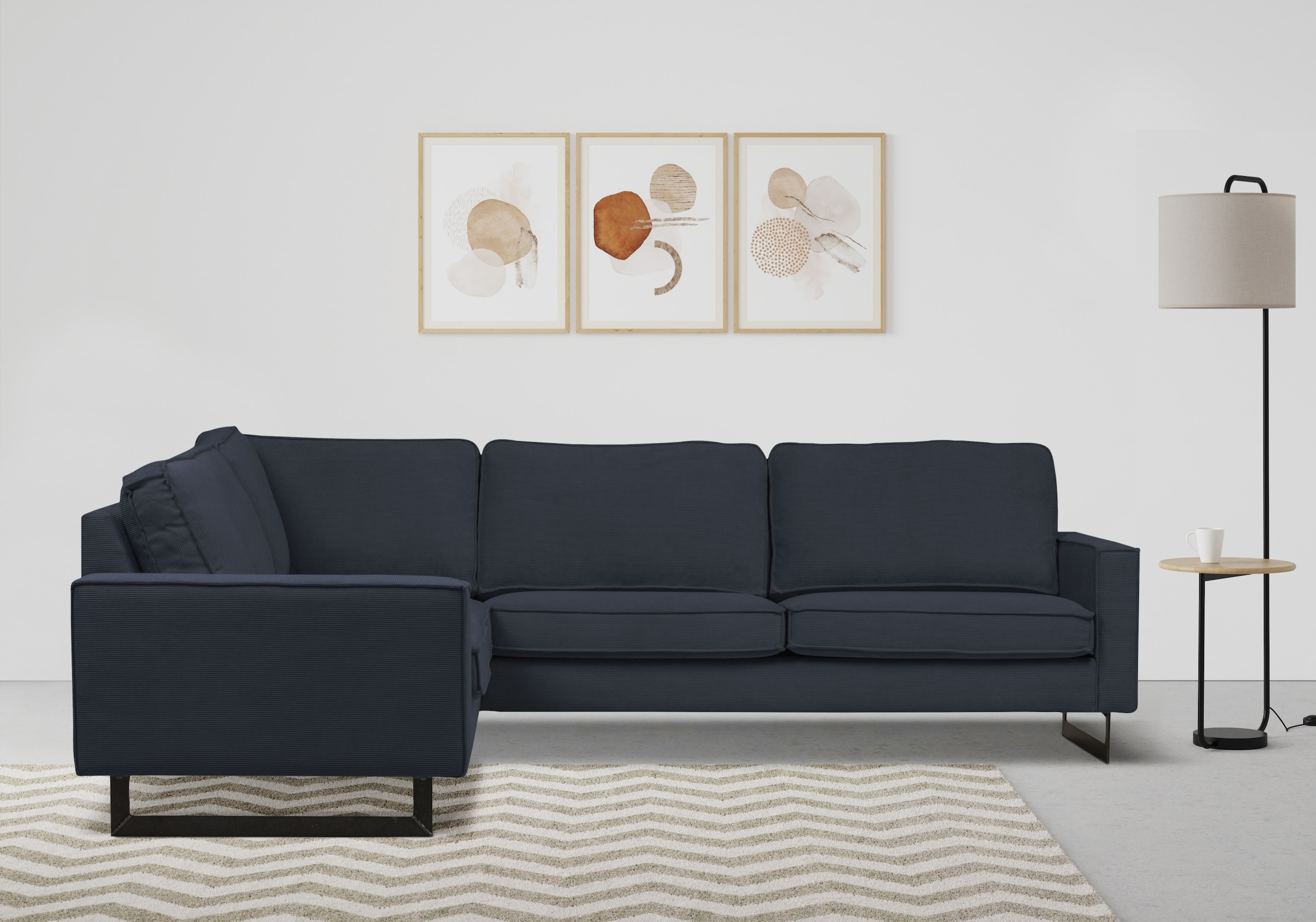Places of Style Ecksofa »Pinto, XXL, 250/290 cm, langer Schenkel, Ottomane«, Cord, Chenille, Lederoptik, mit Keder, Metallfüsse, Wellenunterfederung