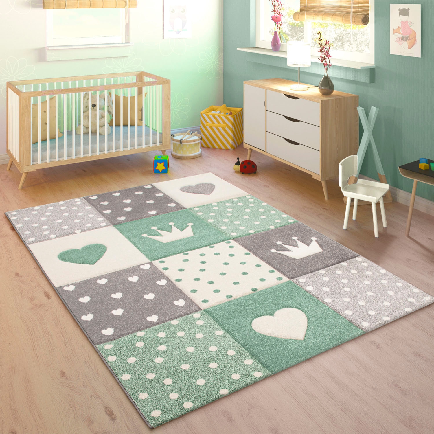 Paco Home Kinderteppich »Cosmo 339«, rechteckig, Kurzflor, Pastell-Farben, 3D-Effekt, Motiv Herz, Punkte & Krone