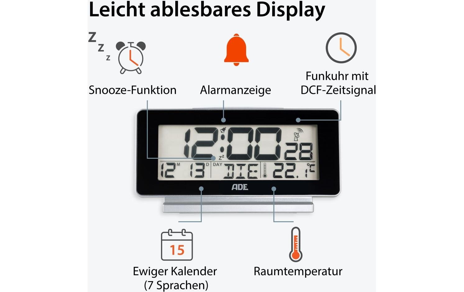 ADE Wecker »Temperatur-& Datumsanzeige«, Holzart: Bambus