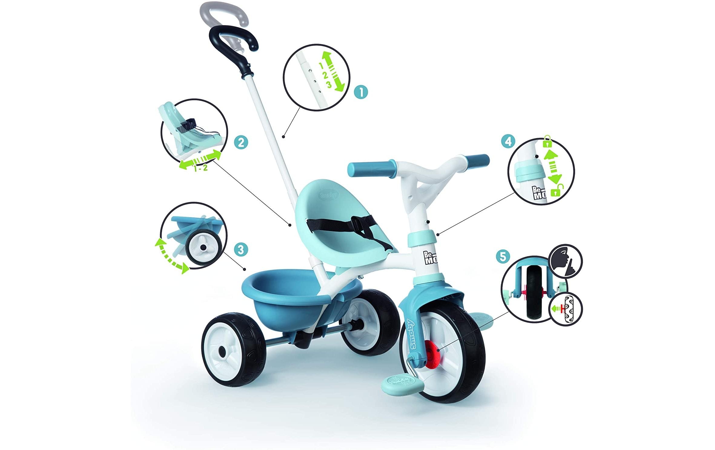 ❤ Smoby Dreirad »Be Move Shop Sitz Blau«, Schiebestange, Verstellbarer Gurt, im entdecken Jelmoli-Online Pedal-Freilauf