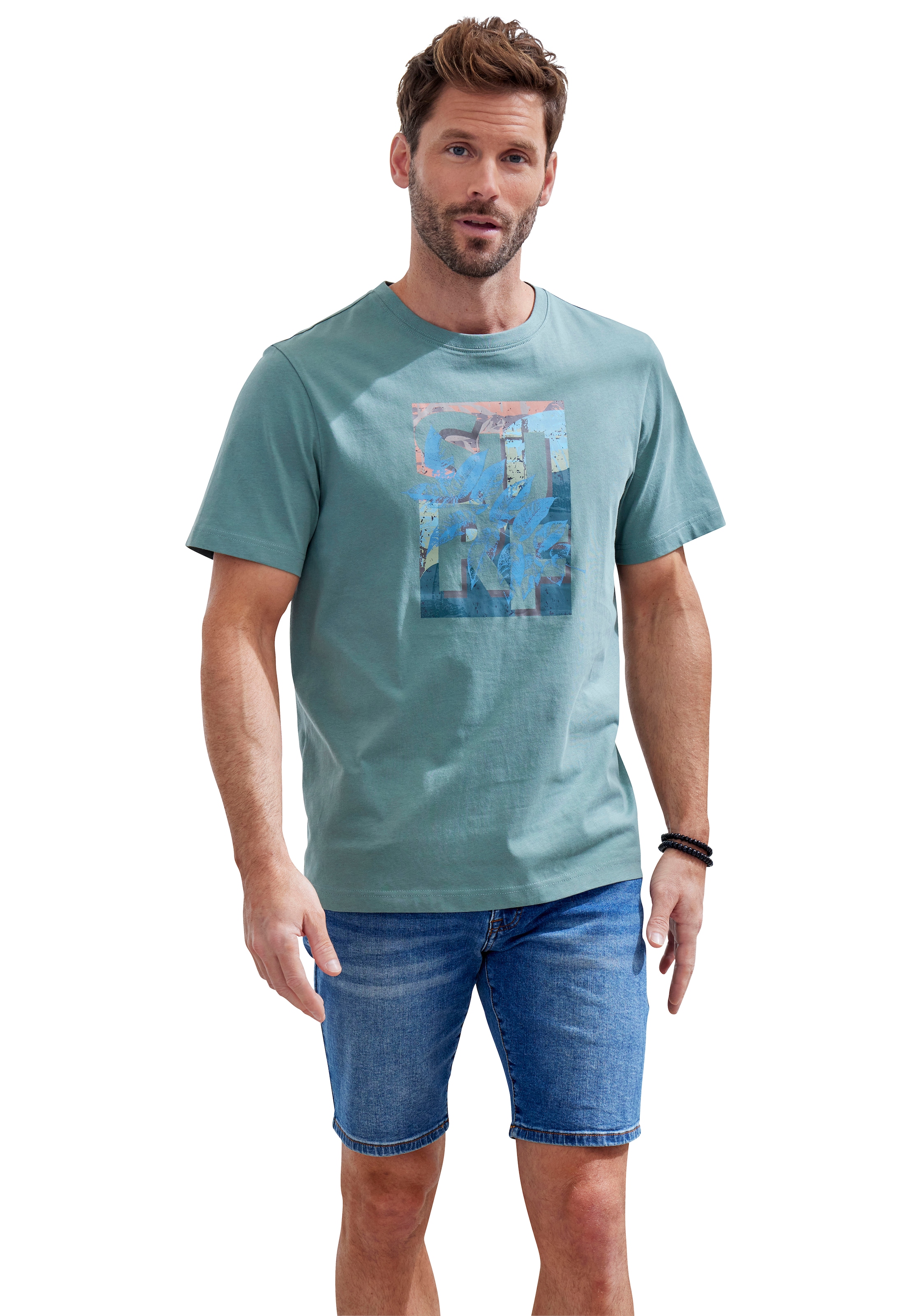 John Devin T-Shirt, Rundhalsshirt mit Surf -Aufdruck aus reiner Baumwolle