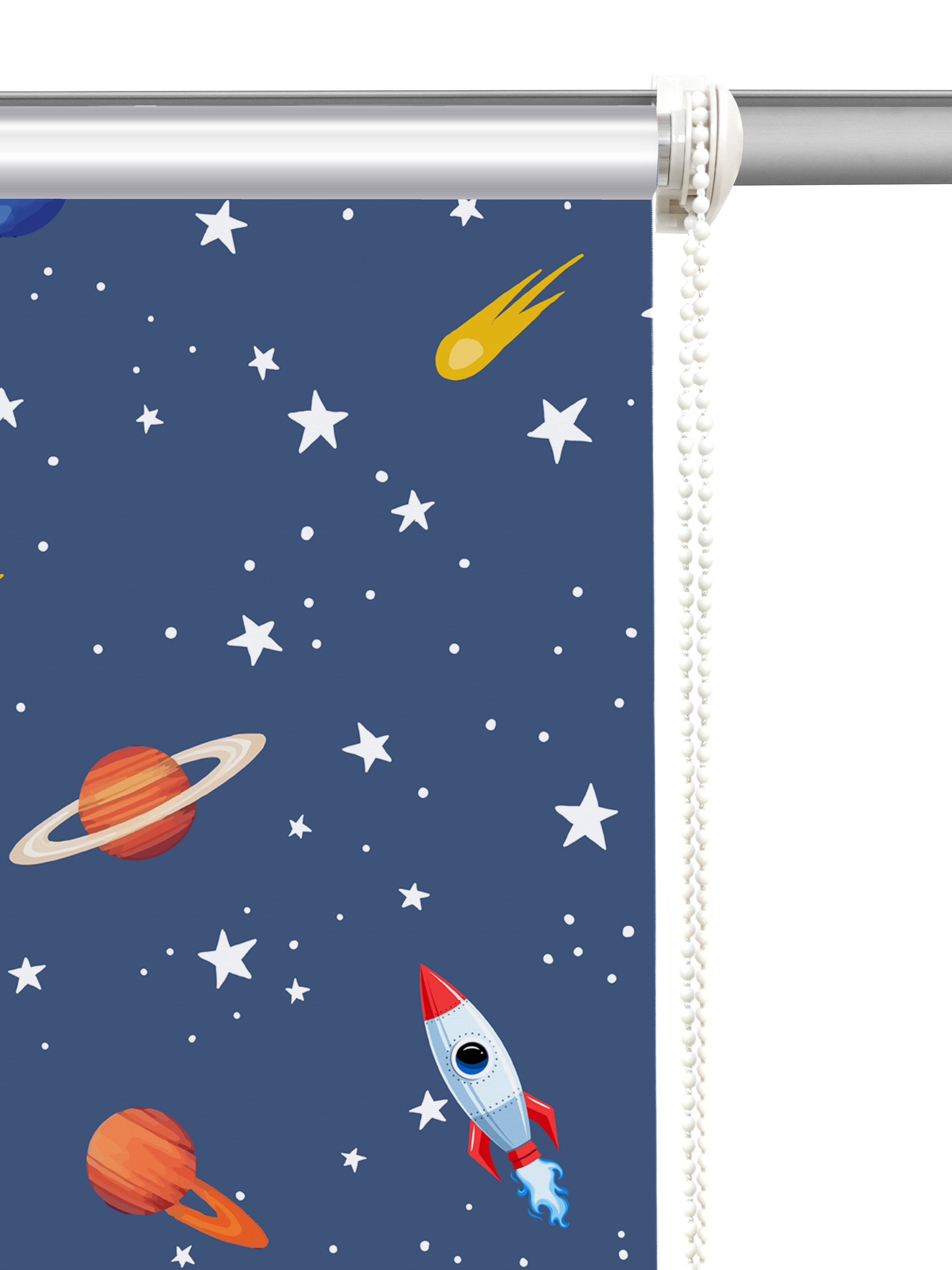 Lüttenhütt Rollo »ASTRONAUT«, verdunkelnd, Blendschutz-Sichtschutz-Verdunkelung, ohne Bohren, freihängend, Fixmass, Klemmfix, Astronaut, Kinderrollo -NEUHEIT!