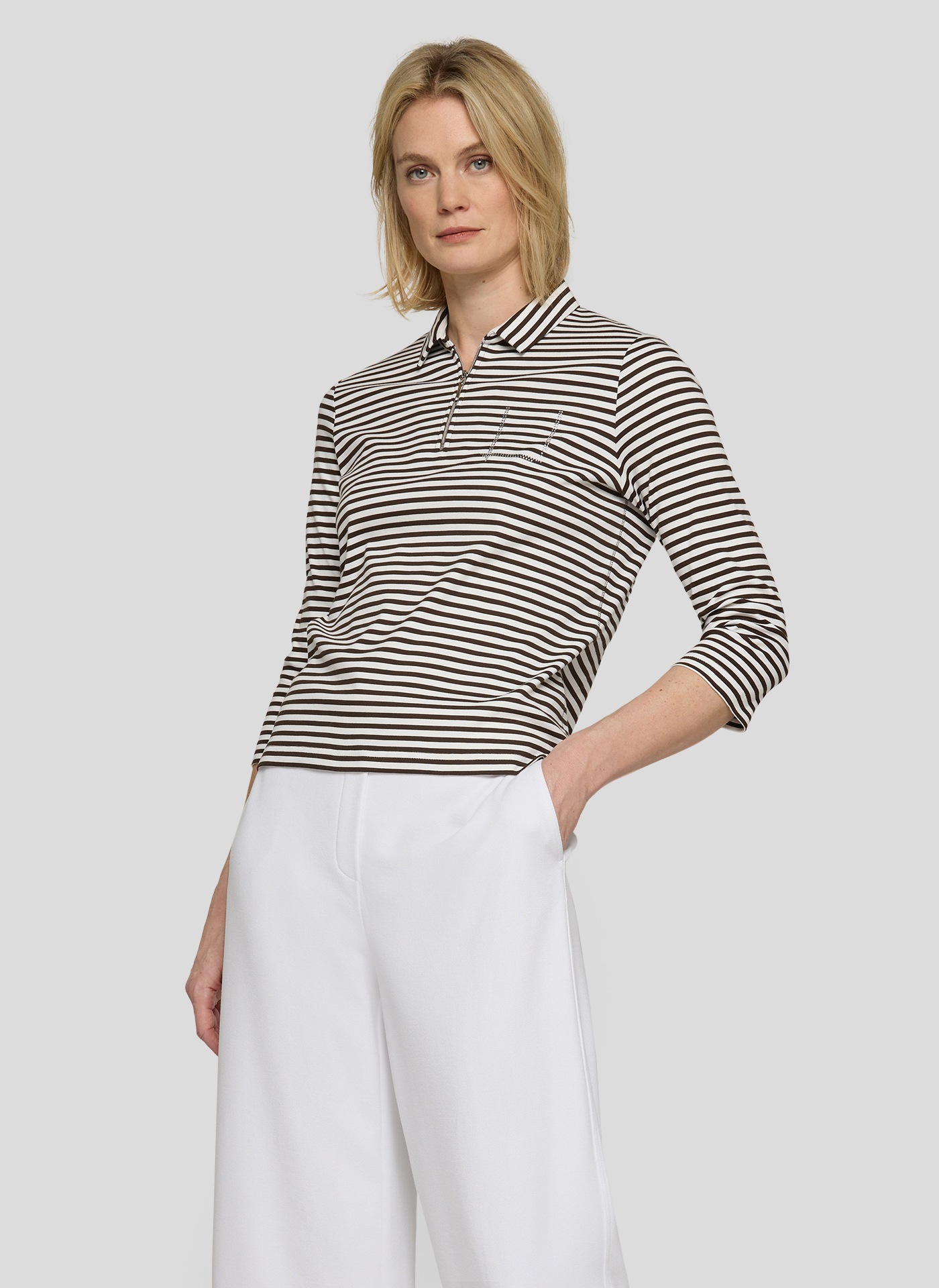 Rabe T-Shirt 3/4-Arm geringelt und mit Hemdkragen und Glitzersteinen