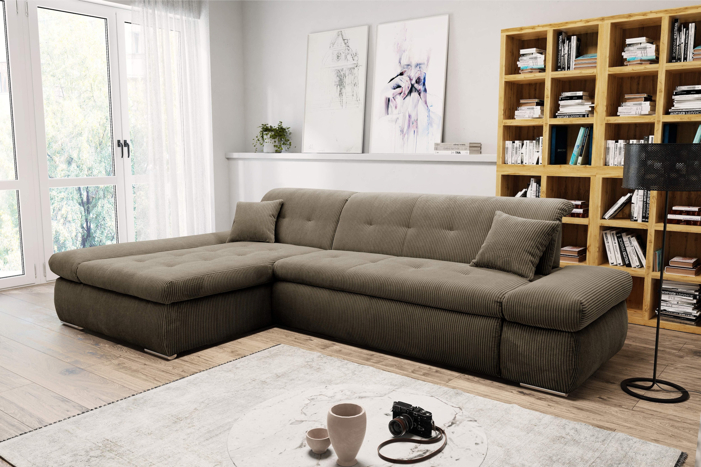 DOMO collection Ecksofa »Moric, L-Form, XXL-Sofa - Breite 300cm«, wahlweise mit Bettfunktion und Armteilverstellung, Cord