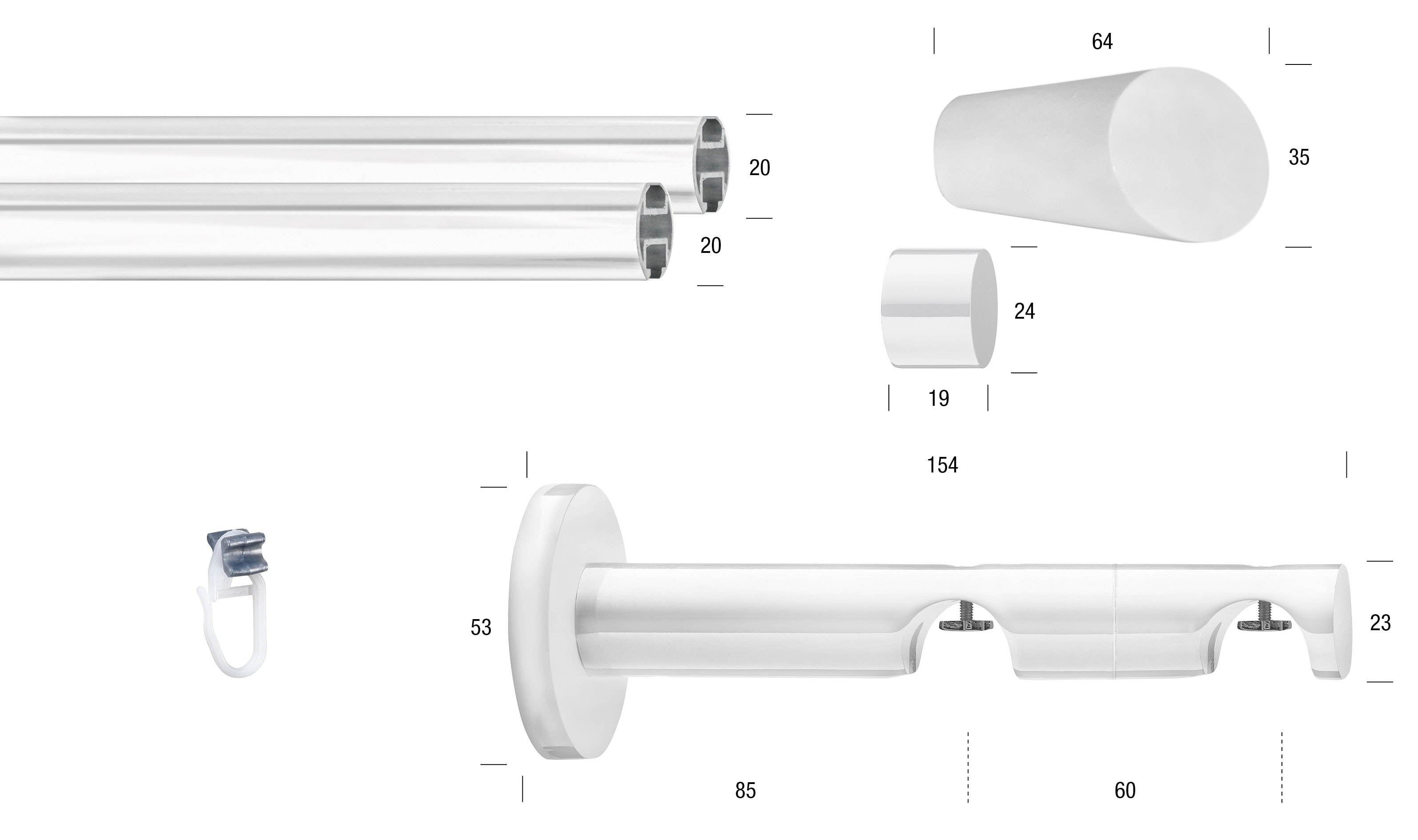 GARESA Gardinenstange "WHITE" Ø 20 mm 2 läufig-läufig Wunschmasslänge Vorhanggarnitur, Innenlauf, verlängerbar, Endknopf abgeschrägt