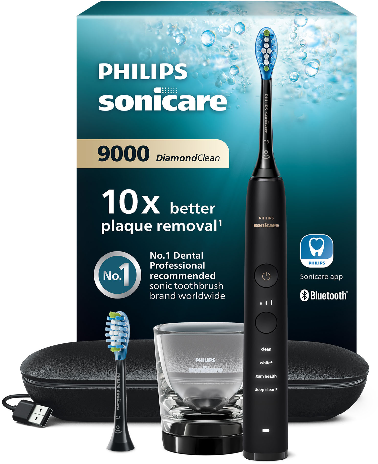 Philips Sonicare Elektrische Zahnbürste "DiamondClean 9000 HX9913/18" 2 Stk. Aufsteckbürsten mit integriertem Drücksensor, 4 Putzprogramme und 3 Intensitätsstufen