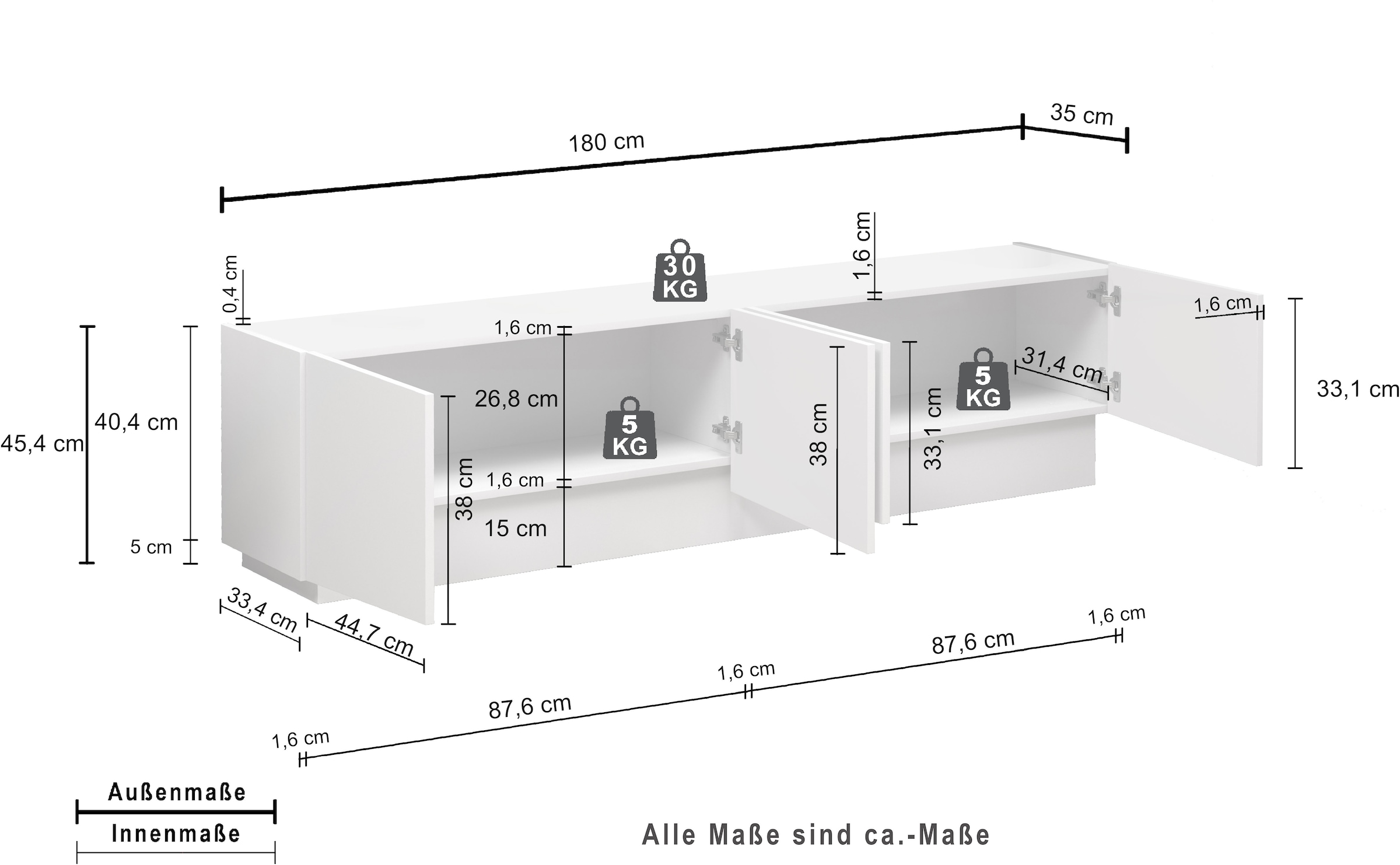 INOSIGN Lowboard »VELA, Lowboard, Breite 180 cm, Design mit schrägen Türen«, (1 St.), Made in Italy, Masse-B/T/H: 180x35x45, Lowboard, TV-Board, TV-Kommode