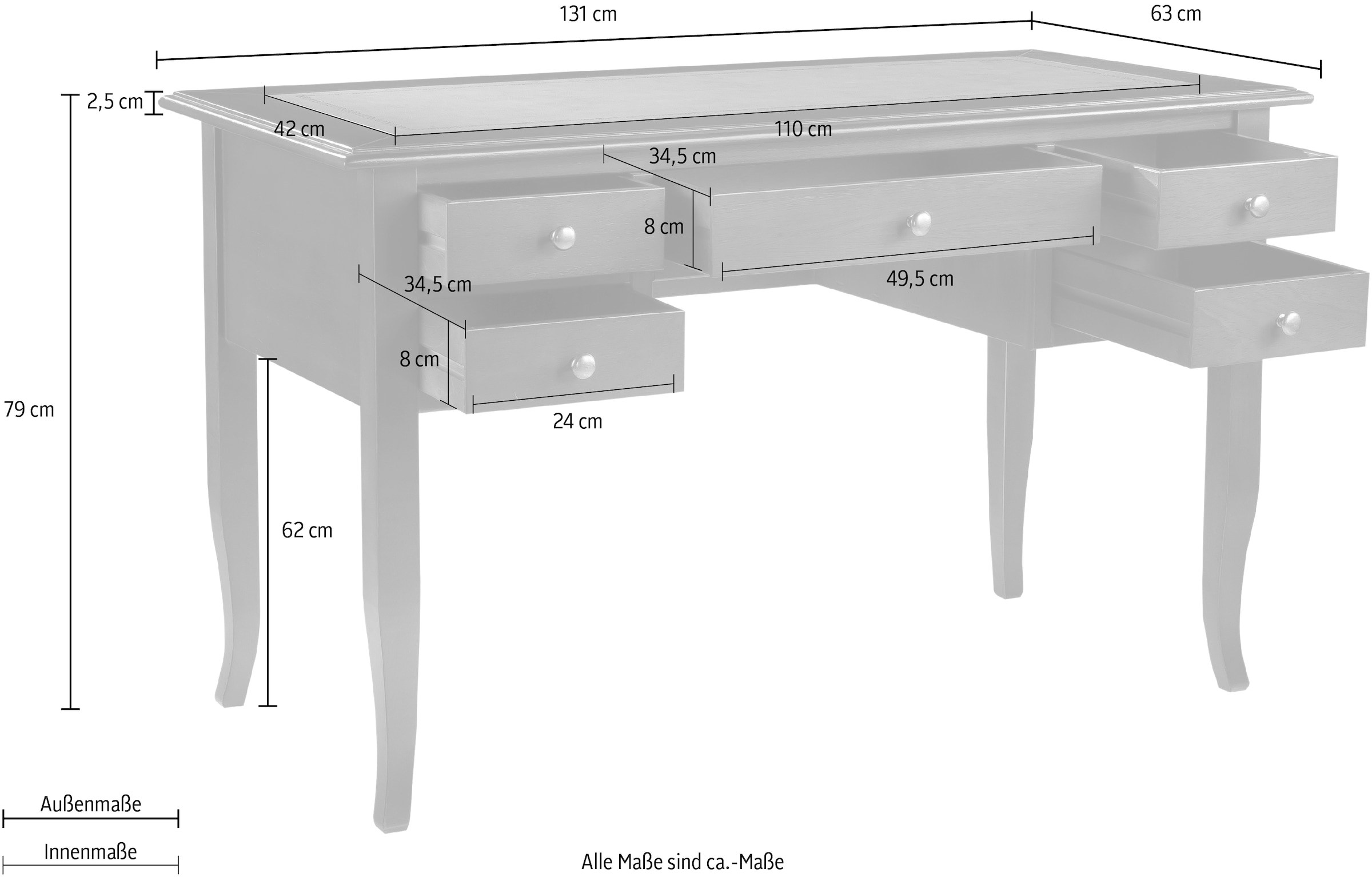 Home affaire Schreibtisch »Conte, Bürotisch mit Schubladen und Knopfgriffen«, Breite 131 cm, Tischplatte teilweise aus Kunstleder