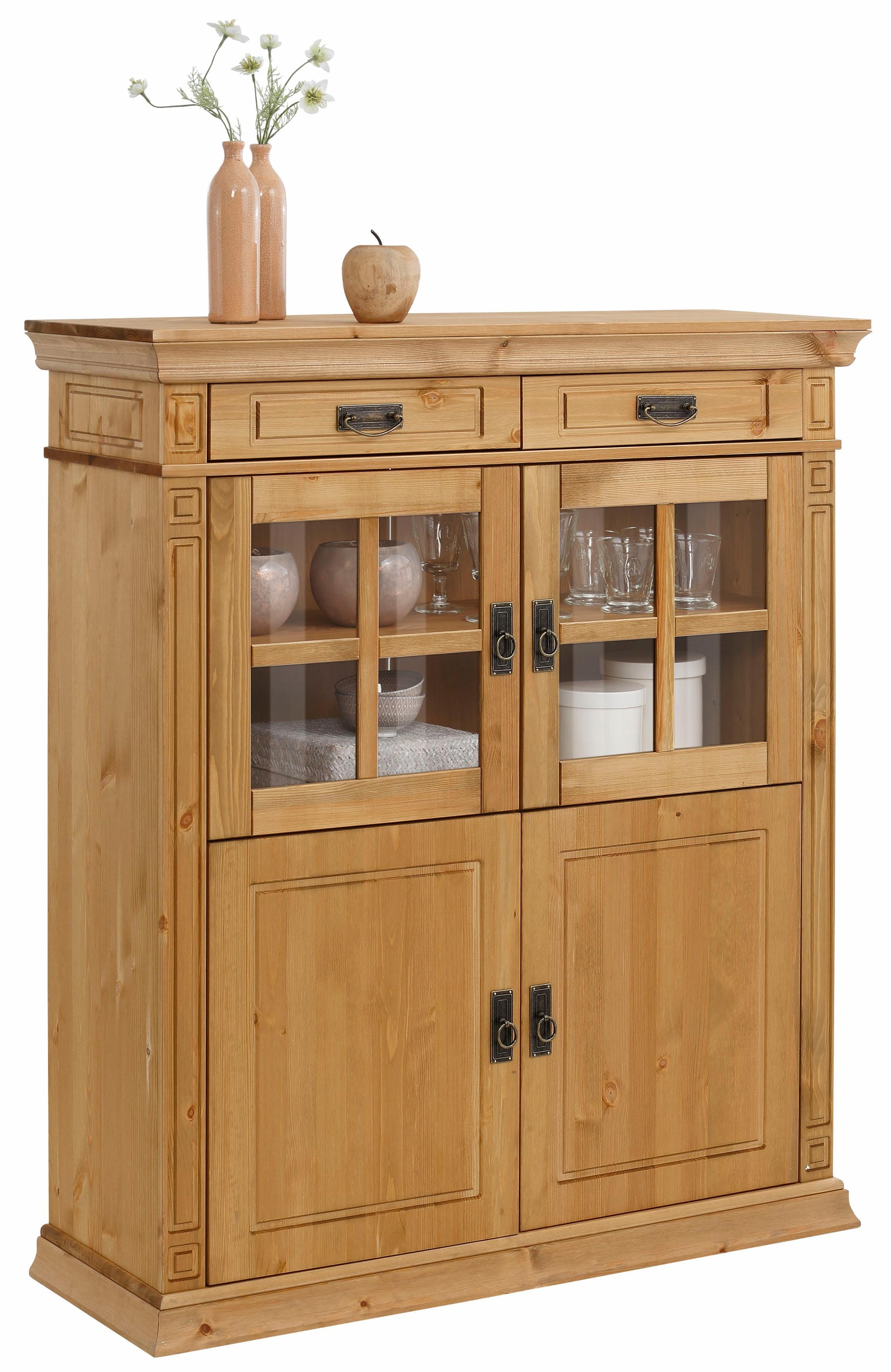 OTTO home Highboard "Vinales, 2 Schubladen, 4 Türen, 3 Einlegeböden, Griffe im Jugendstil" Vitrine, Messinggriffe im Jugendstil, Kiefer, FSC