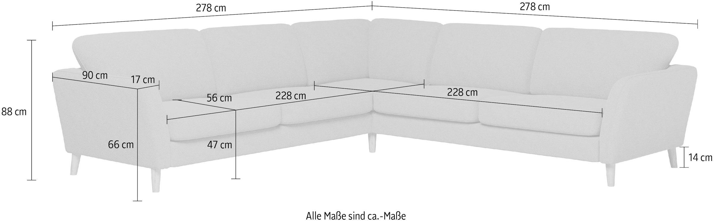 Home affaire Ecksofa »MARSEILLE 278/278 cm, L-Form, Webstoff, Flachgewebe, Filzoptik«, gleichschenklig, Massivholzbeine, Landhausstil, Wellenunterfederung