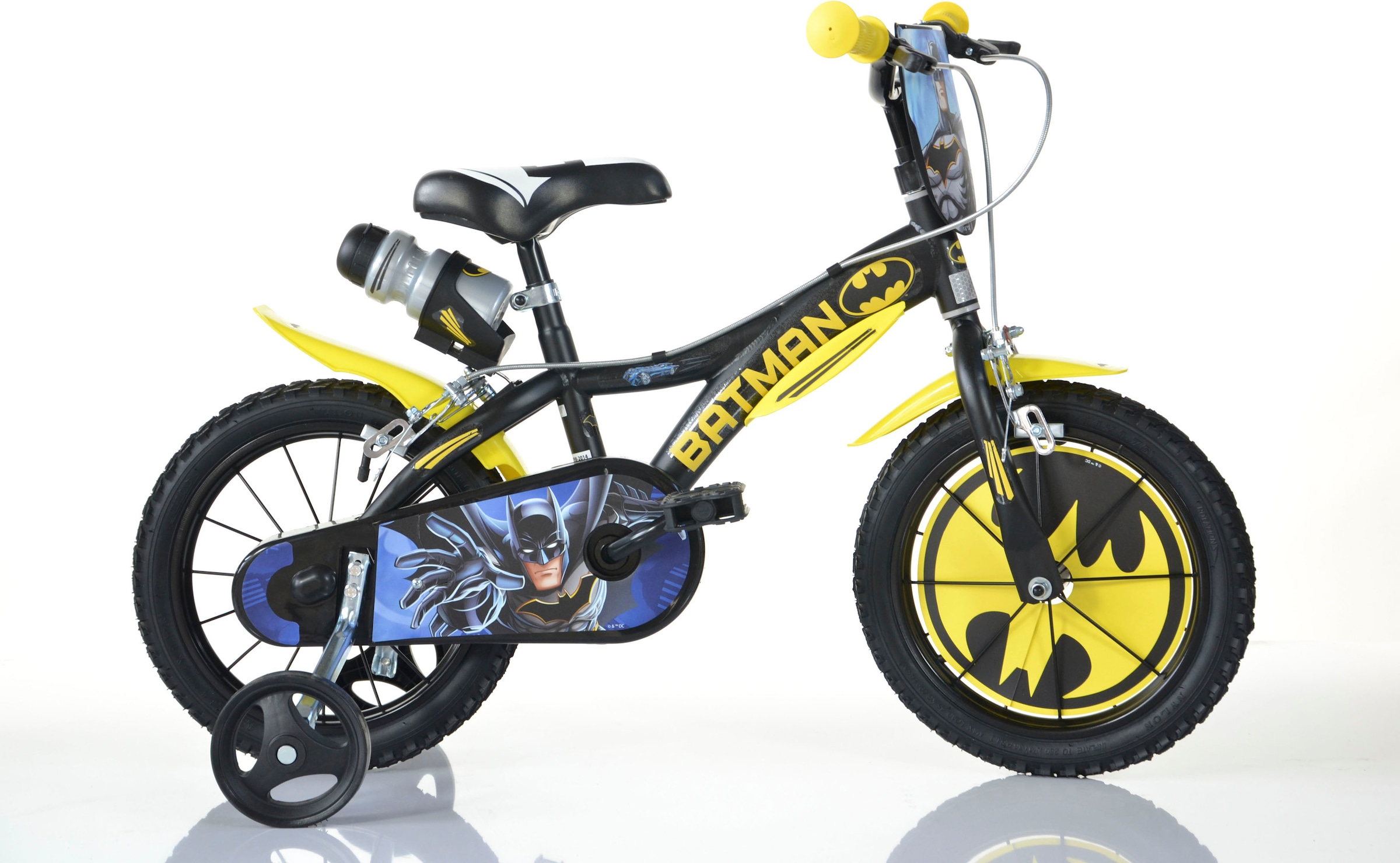Dino Bikes Kinderfahrrad "16" Batman Kinderfahrrad Jugenfahrrad Freilauf 4–7 Jahre Stützräder" 1 Gang mit Stützrädern, Trinkflasche und Frontschild
