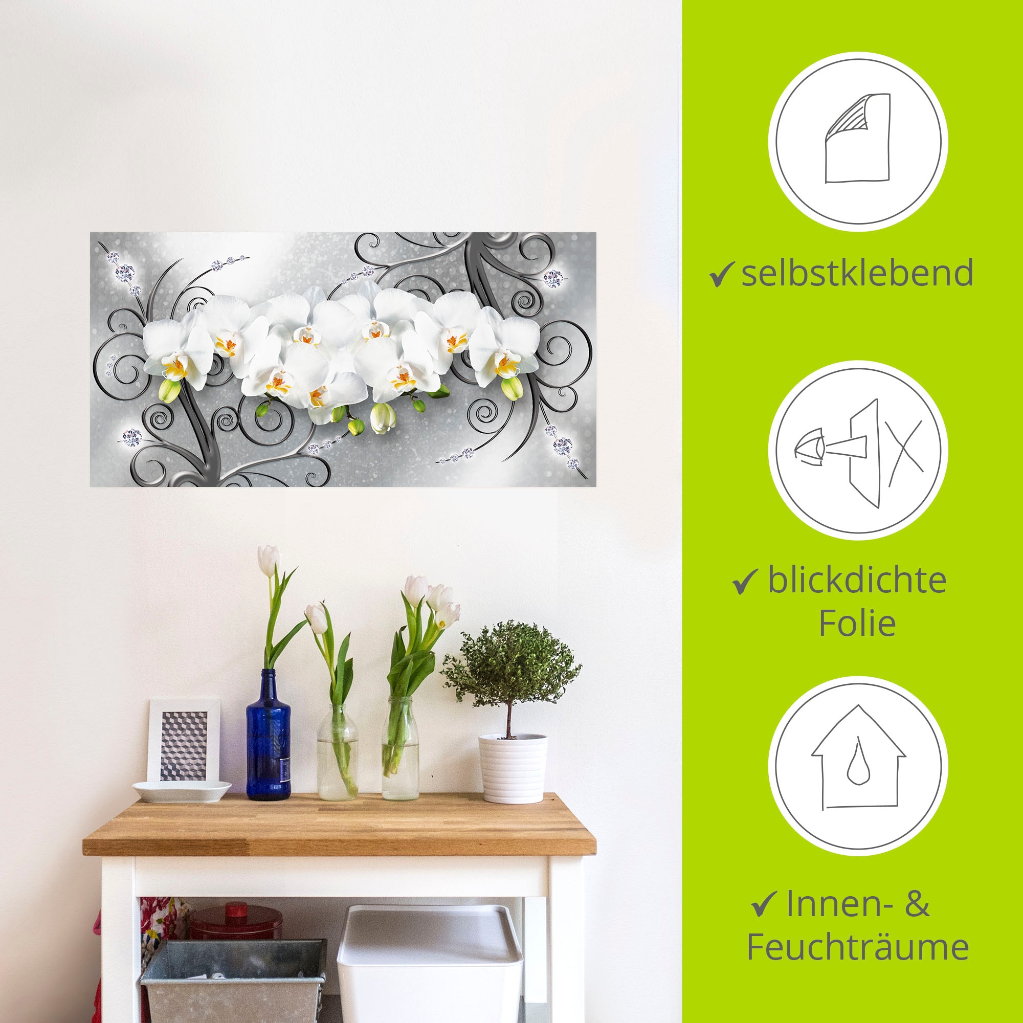 Artland Wandbild »weisse Orchideen auf Ornamenten«, Blumenbilder, (1 St.), als Alubild, Outdoorbild, Leinwandbild, Poster, Wandaufkleber