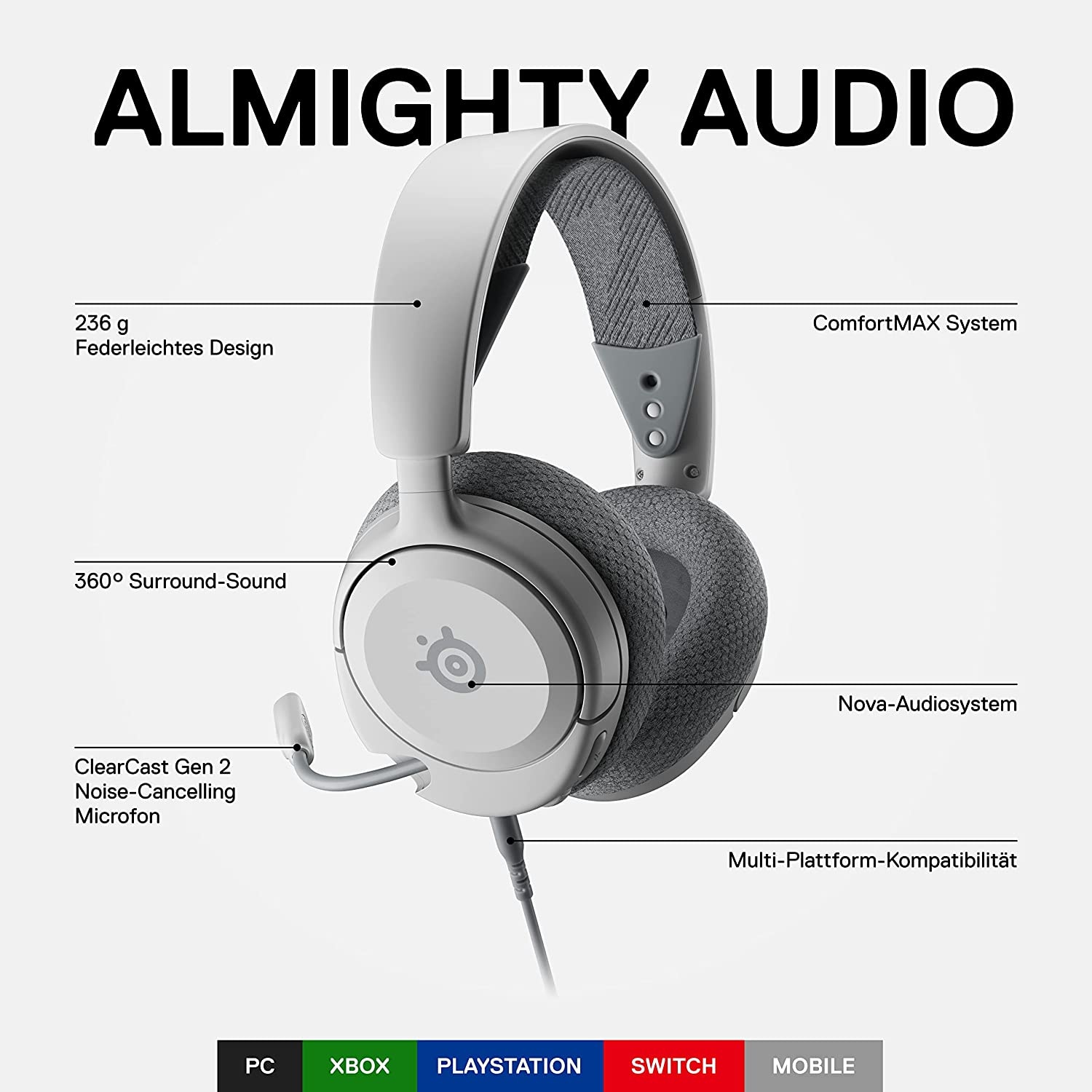 SteelSeries Gaming-Headset »Arctis Nova 1P White«, Einziehbares Mikrofon, Geräuschunterdrückung, Prism RGB-Beleuchtung