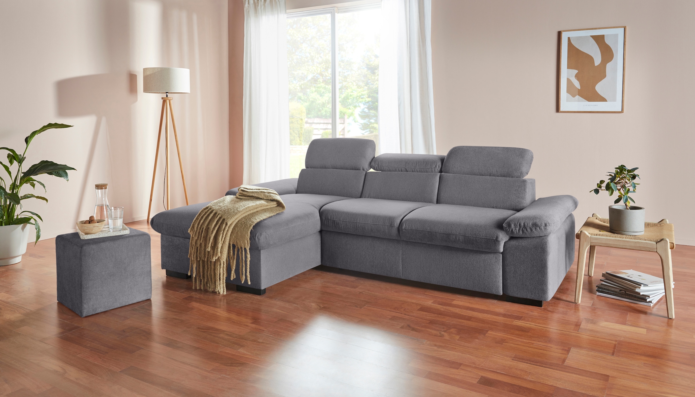 COTTA Ecksofa »Lola L-Form mit Kopfteilfunktion & Hocker«, (Set, mit Hocker), wahlweise mit Bettfunktion, Bettkasten & Armteilverstellung
