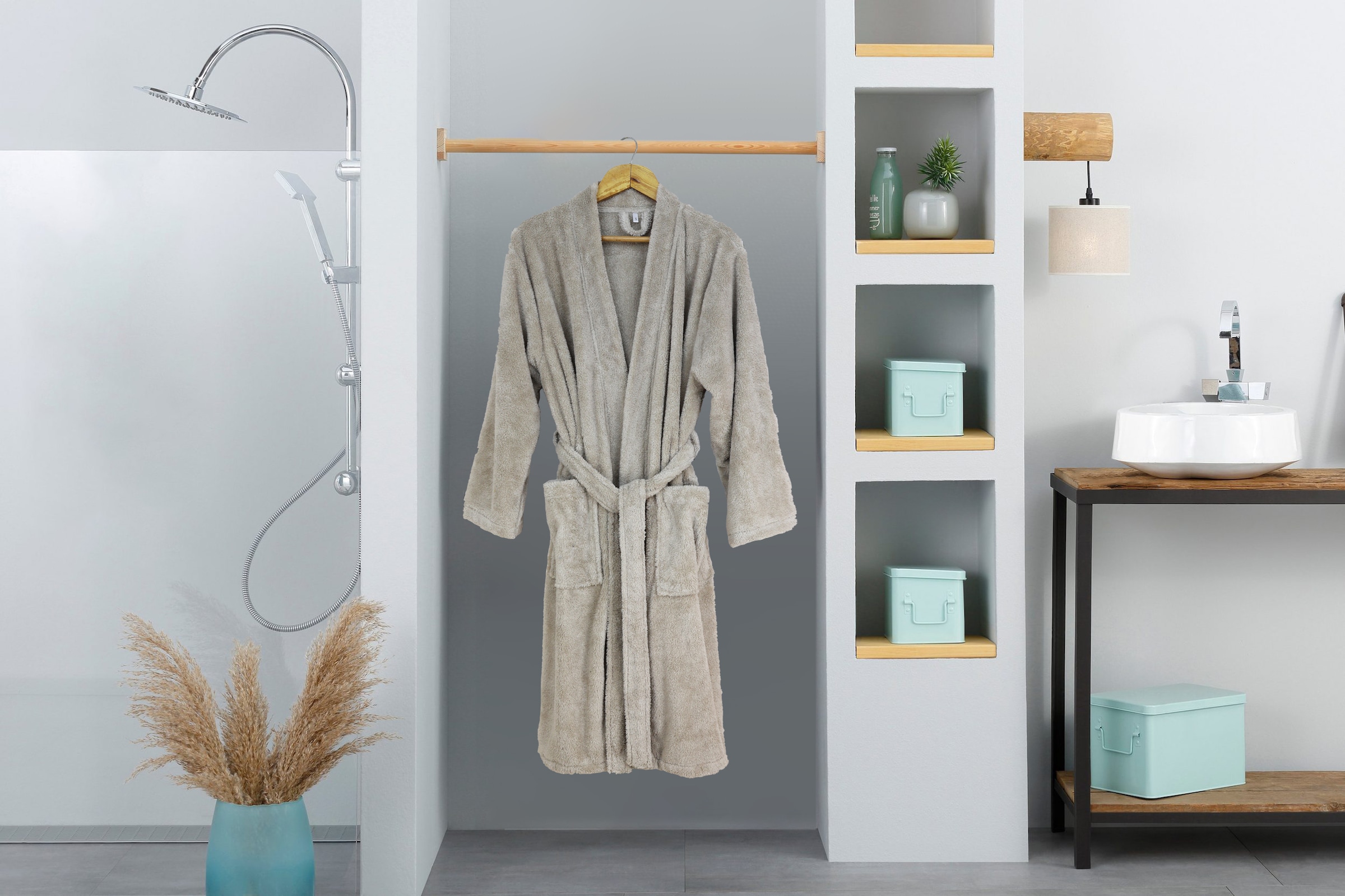 my home Unisex-Bademantel »Lillou Kimono, ideal für Sauna & Spa, Hotelbademantel, Morgenmantel«, (1 St.), kuschelig weicher Fleece, plüsch, für Damen und Herren, XS-3XL