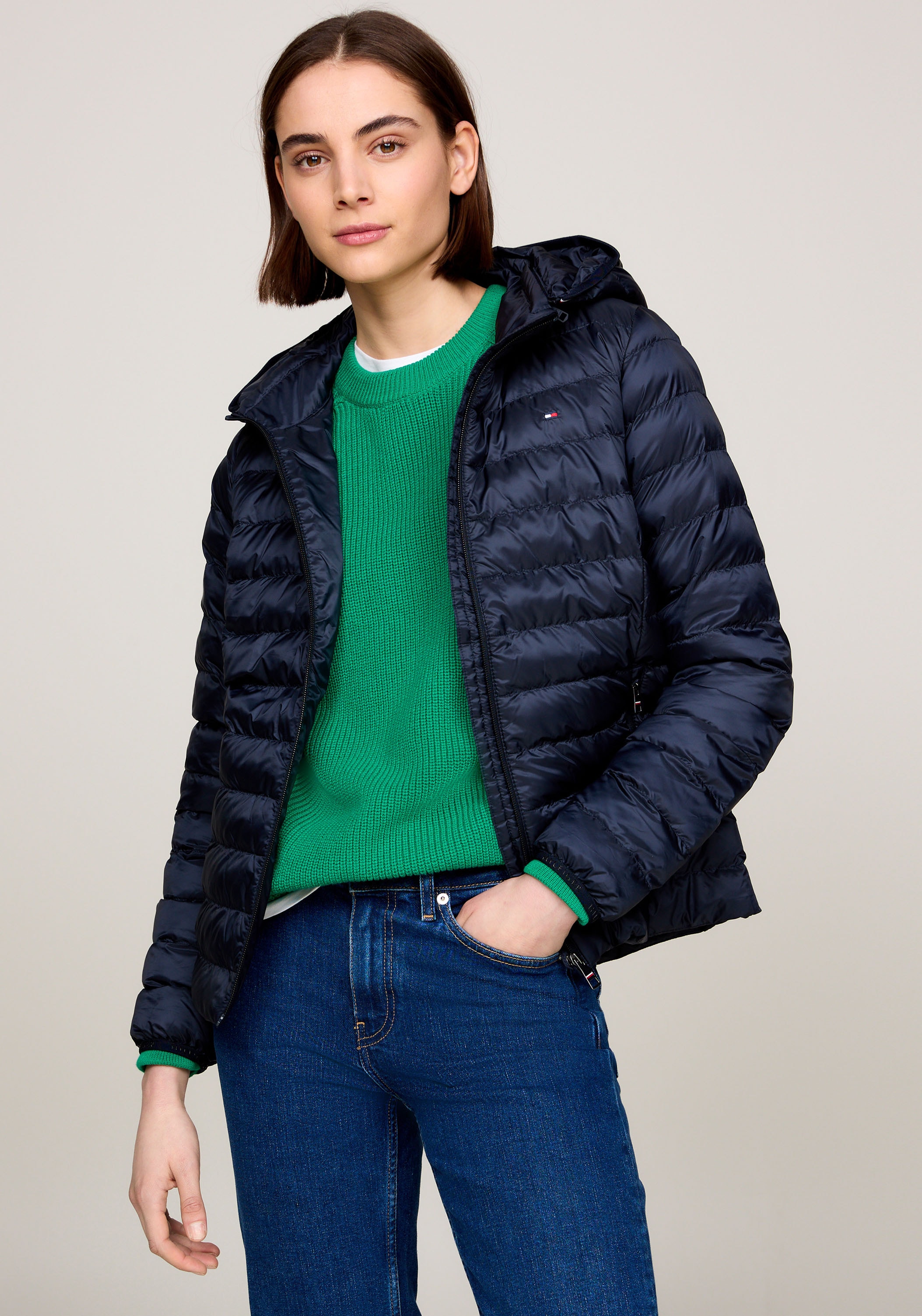 Tommy Hilfiger Damen Desert_sky Steppjacke "Lw Padded Global Stripe Jacket" Global Serie Th Women, Mit Kapuze Sportive Kapuze Mit Global Stripe