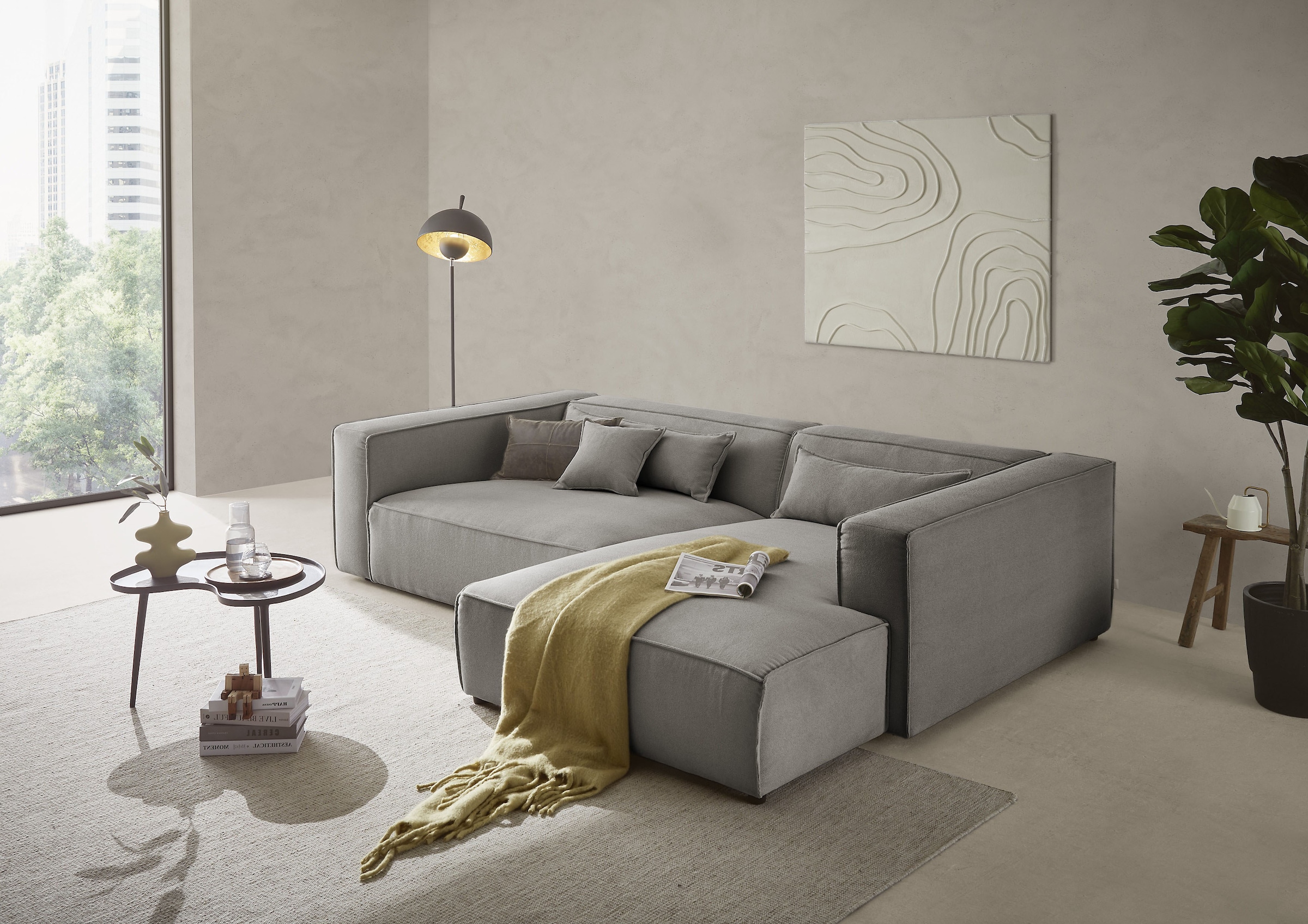 LeGer Home by Lena Gercke Ecksofa »PIARA XXL, Big-Sofa in Cord oder Leinenoptik, L-Form, mit Kedernaht«, wahlweise Ottomane rechts/links, schwarze Füsse, extra tiefe Sitzfläche
