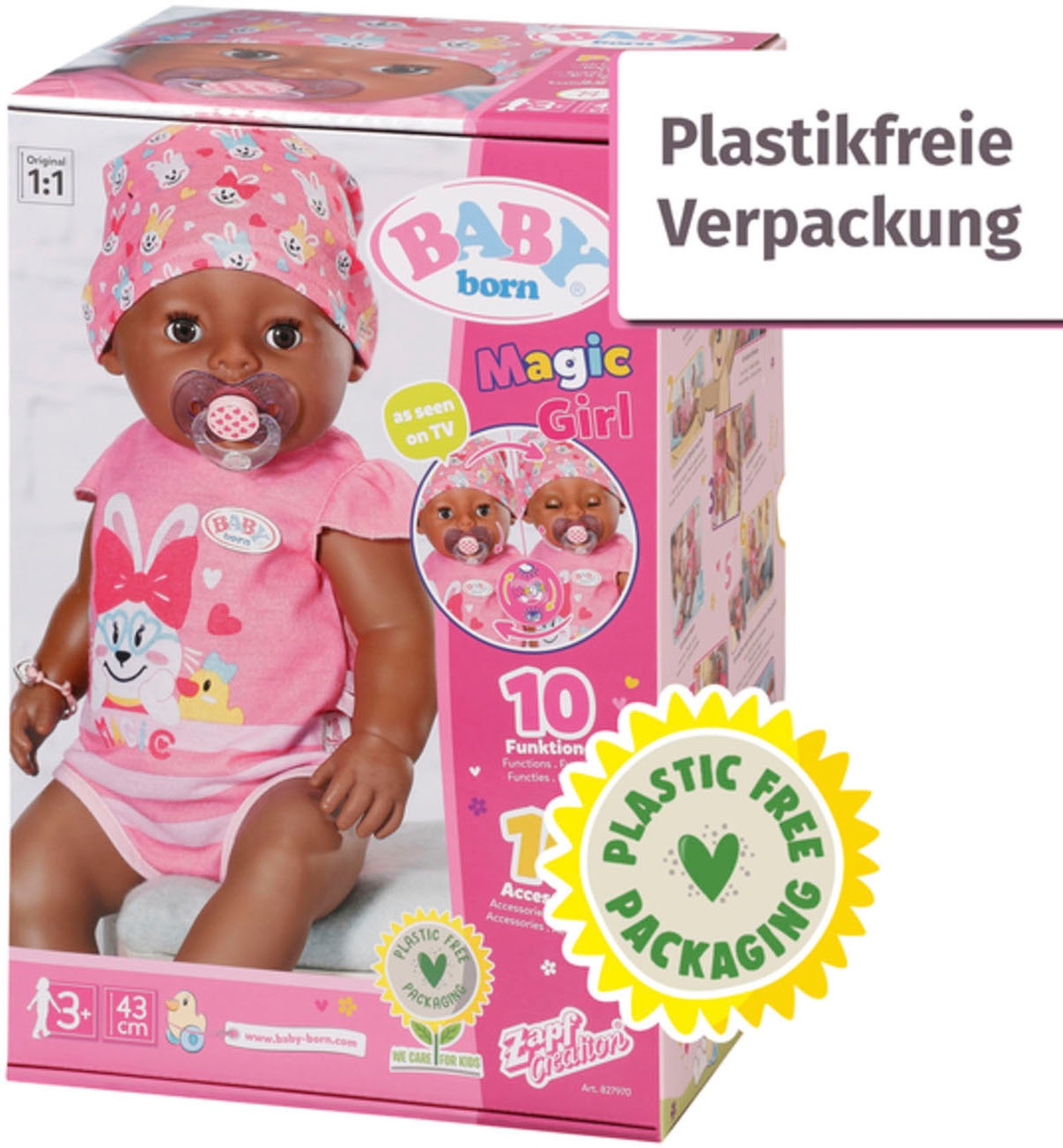 Baby Born Babypuppe »Magic Girl Brown Eyes, 43 cm«, (Set, 13 tlg.), mit 10 lebensechten Funktionen