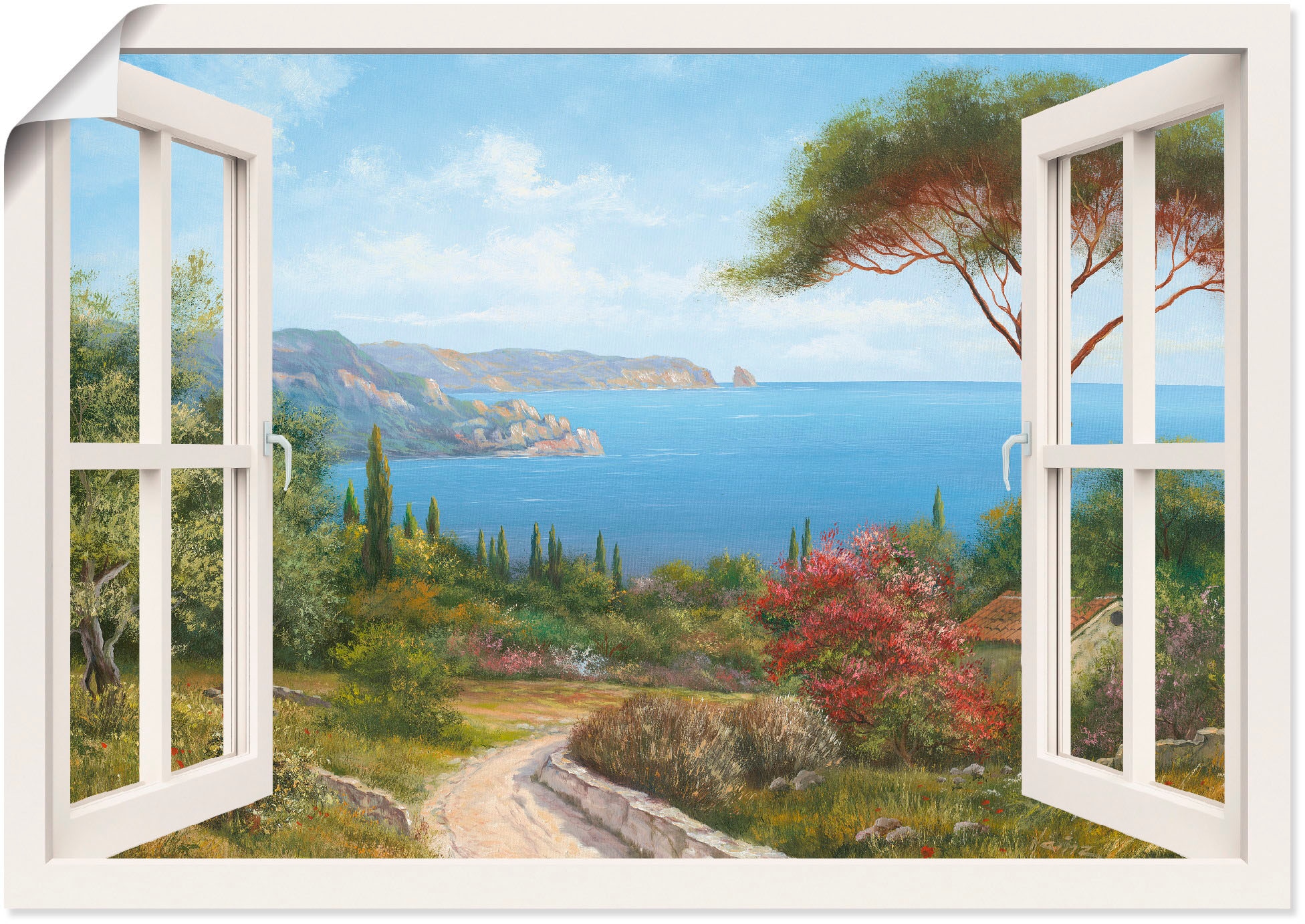 Artland Wandbild "Fensterblick - Haus am Meer I" Fensterblick 1 Stk. tlg. als Leinwandbild, Poster in verschied. Grössen