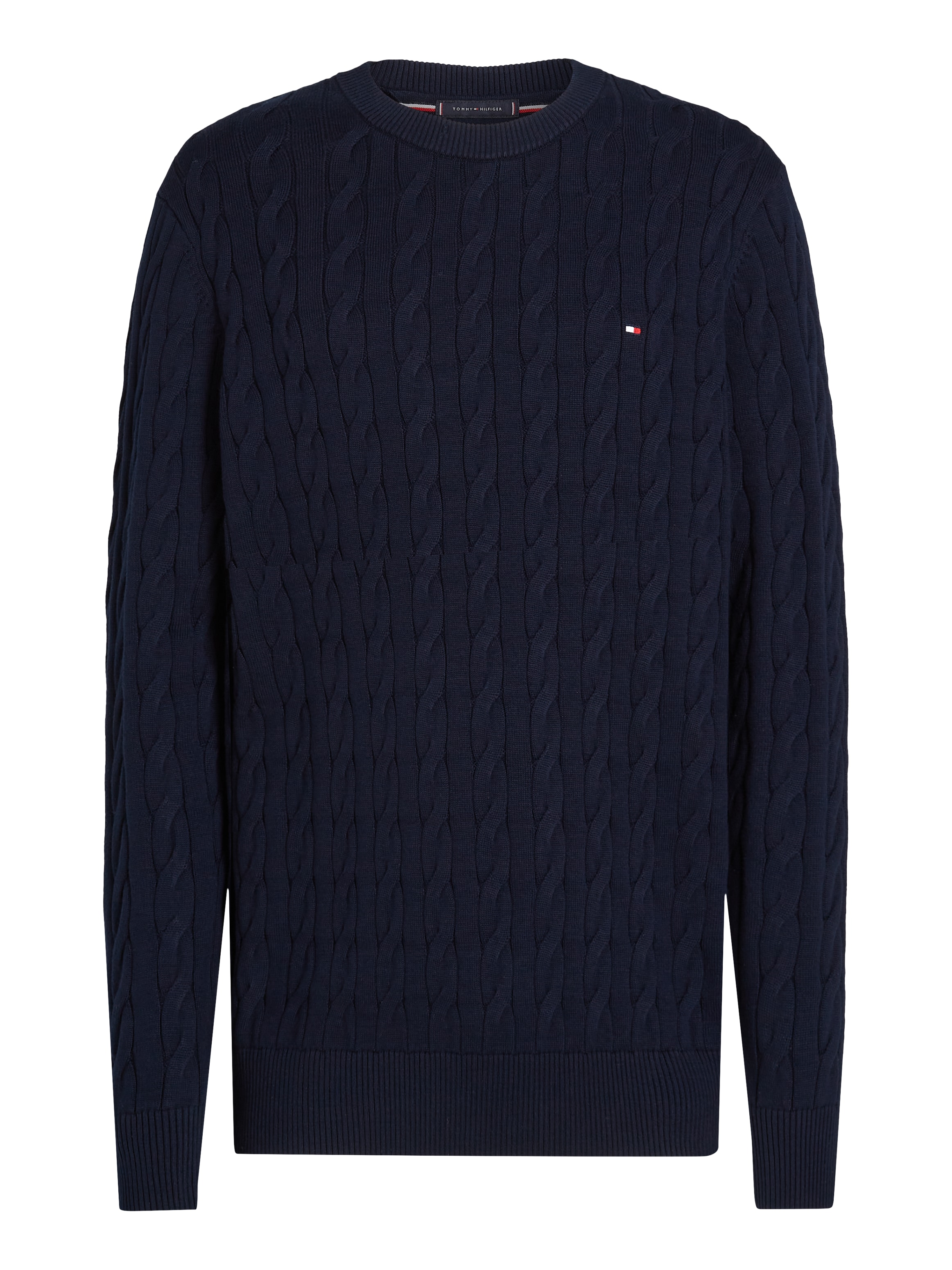 Tommy Hilfiger Strickpullover »CLASSIC CABLE CREW NECK mit Strukturstrick und Flaglabel«, unifarben, casual, regular fit, Baumwolle, Rundhals