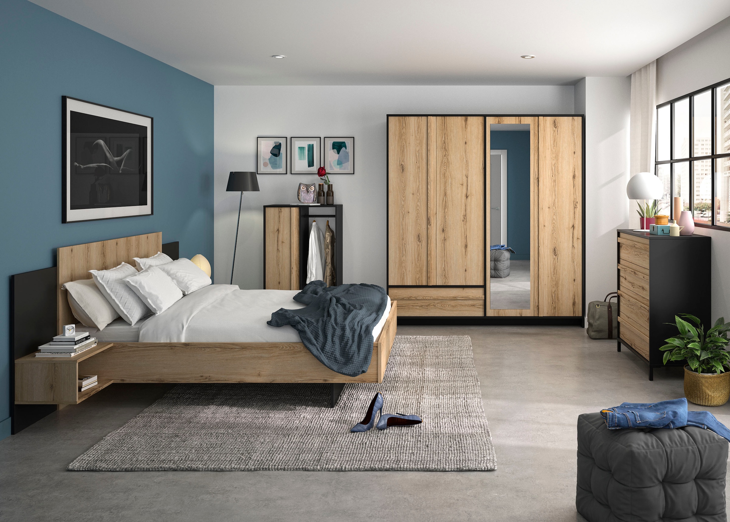 Gami Schlafzimmer-Set »Mimizan«, (4 tlg., Bett, 2x Nachttische, Kleiderschrank, Kommode, Garderobenschrank)