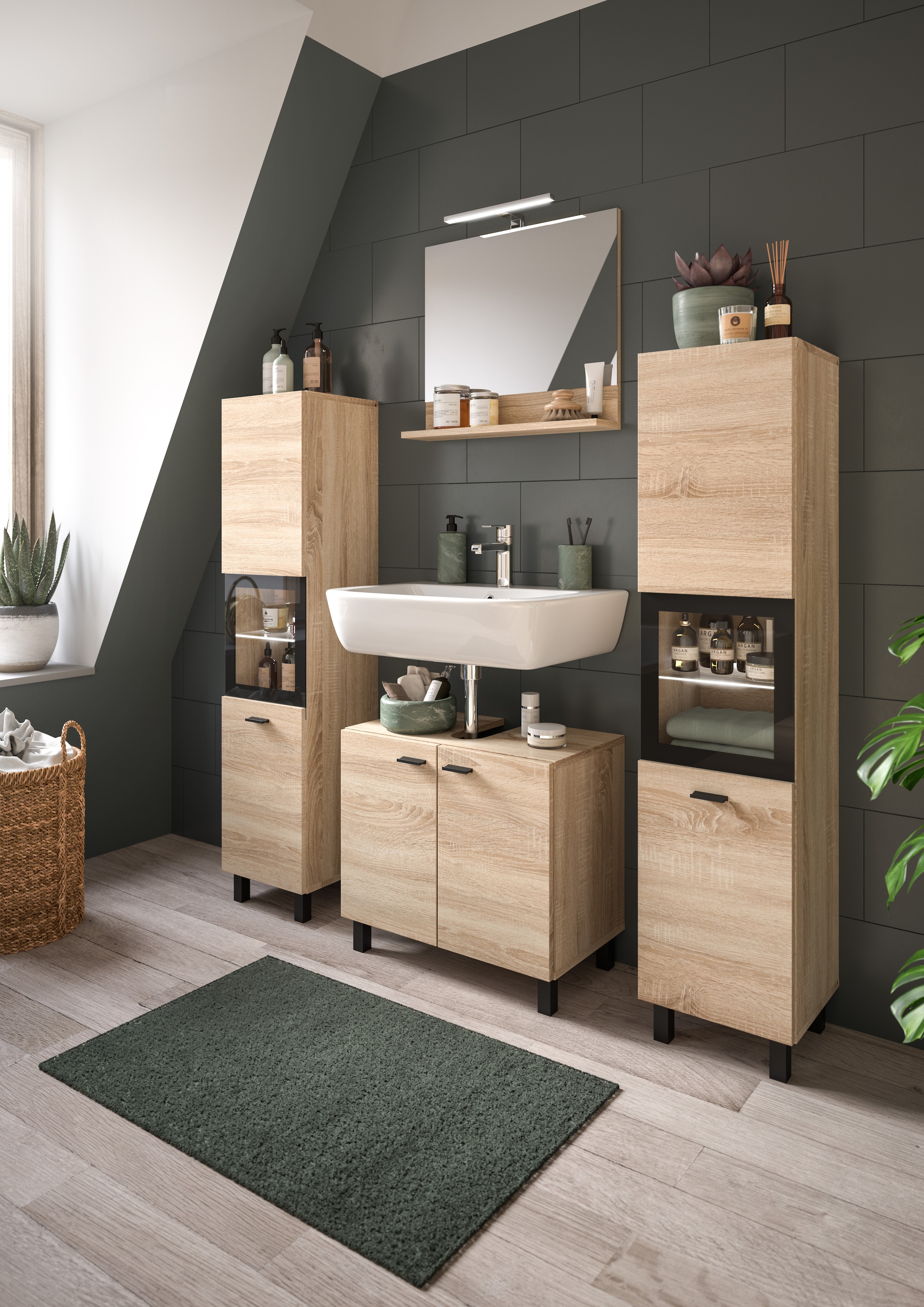 welltime Badmöbel-Set »Tampa, best. aus Waschbeckenunterschrank und Spiegel, Breite 57cm,«, (Set, 2 St.), 2-teilig, Bad-Möbel, Bad-Spiegel, Badschrank