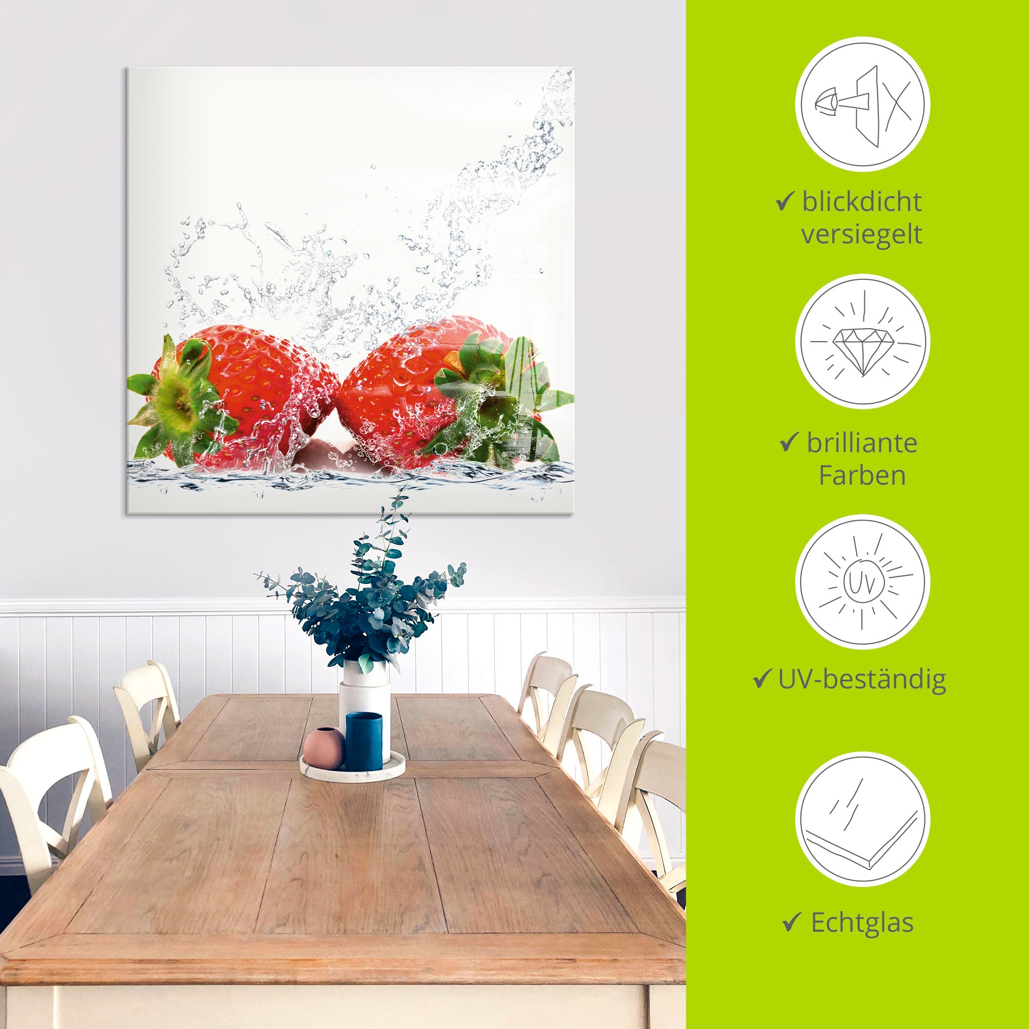 Artland Glasbild »Erdbeeren mit Spritzwasser«, Lebensmittel, (1 St.), in verschiedenen Grössen