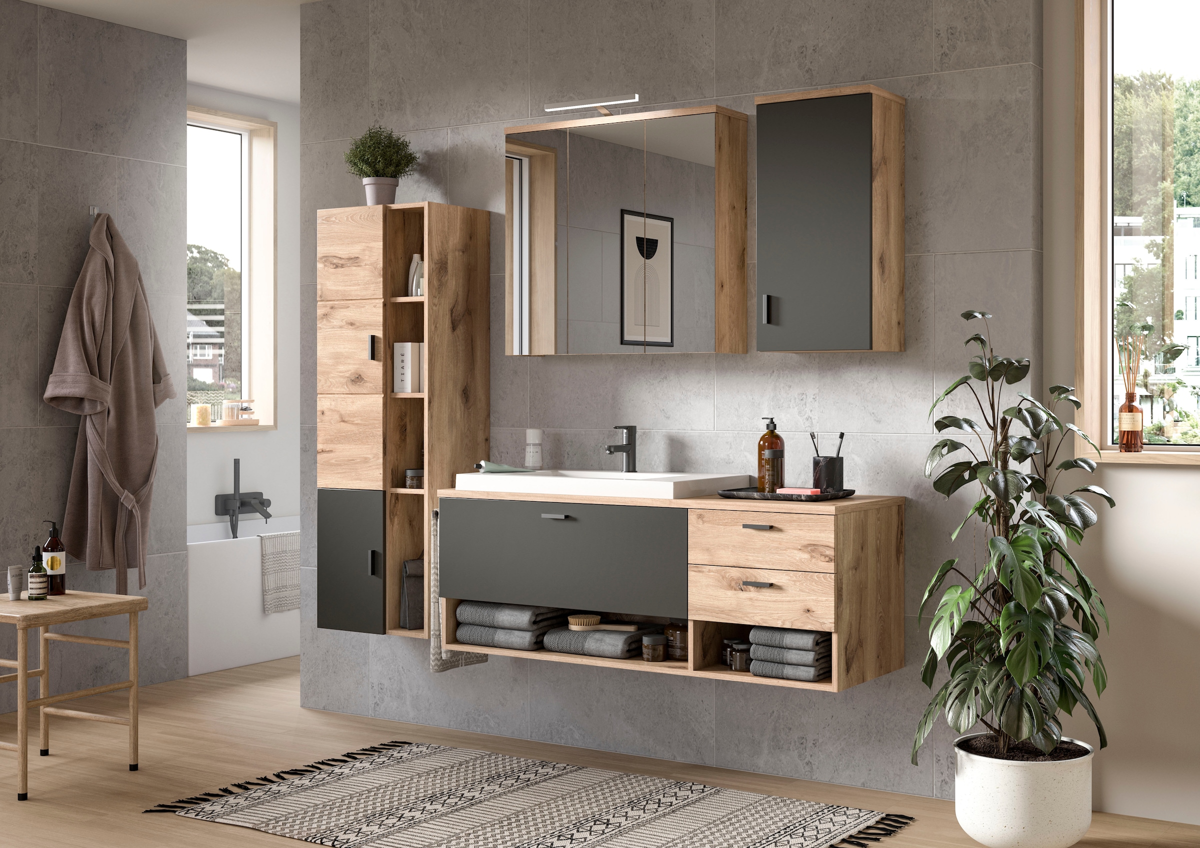 welltime Waschbeckenunterschrank »Dolo, Breite 138 cm, inkl. Aufsatzwaschbecken, 2 Schubkästen, 1 Klappe«, (2 St.), Hängeschrank, Unterschrank, Badmöbel, Badschrank, Schrank, Bad