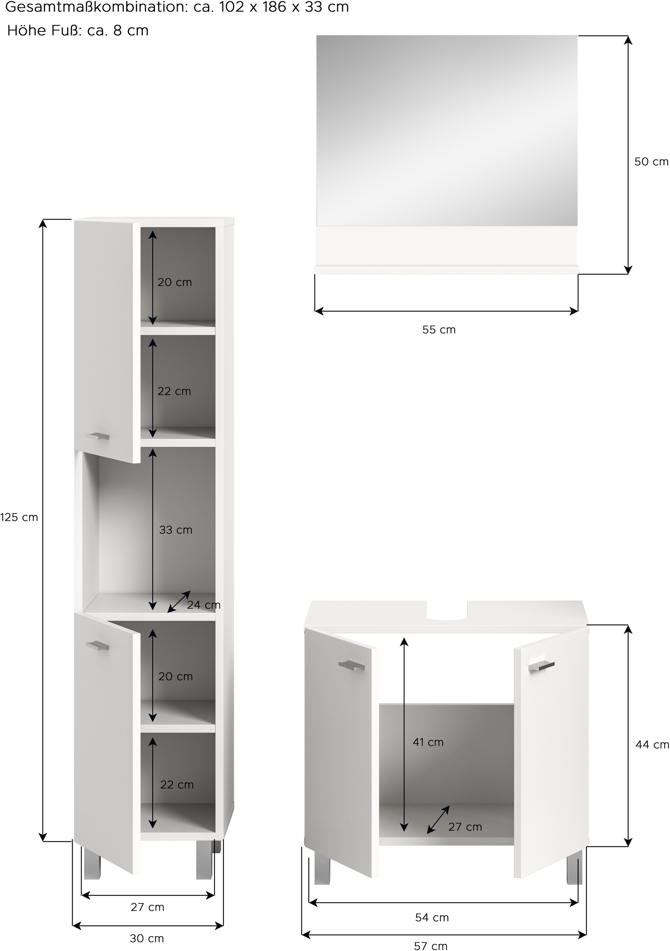 welltime Badmöbel-Set »Tampa, Breite 102cm, 3-teilig«, (3 St.), Waschbeckenunterschrank, Spiegel, Hochschrank