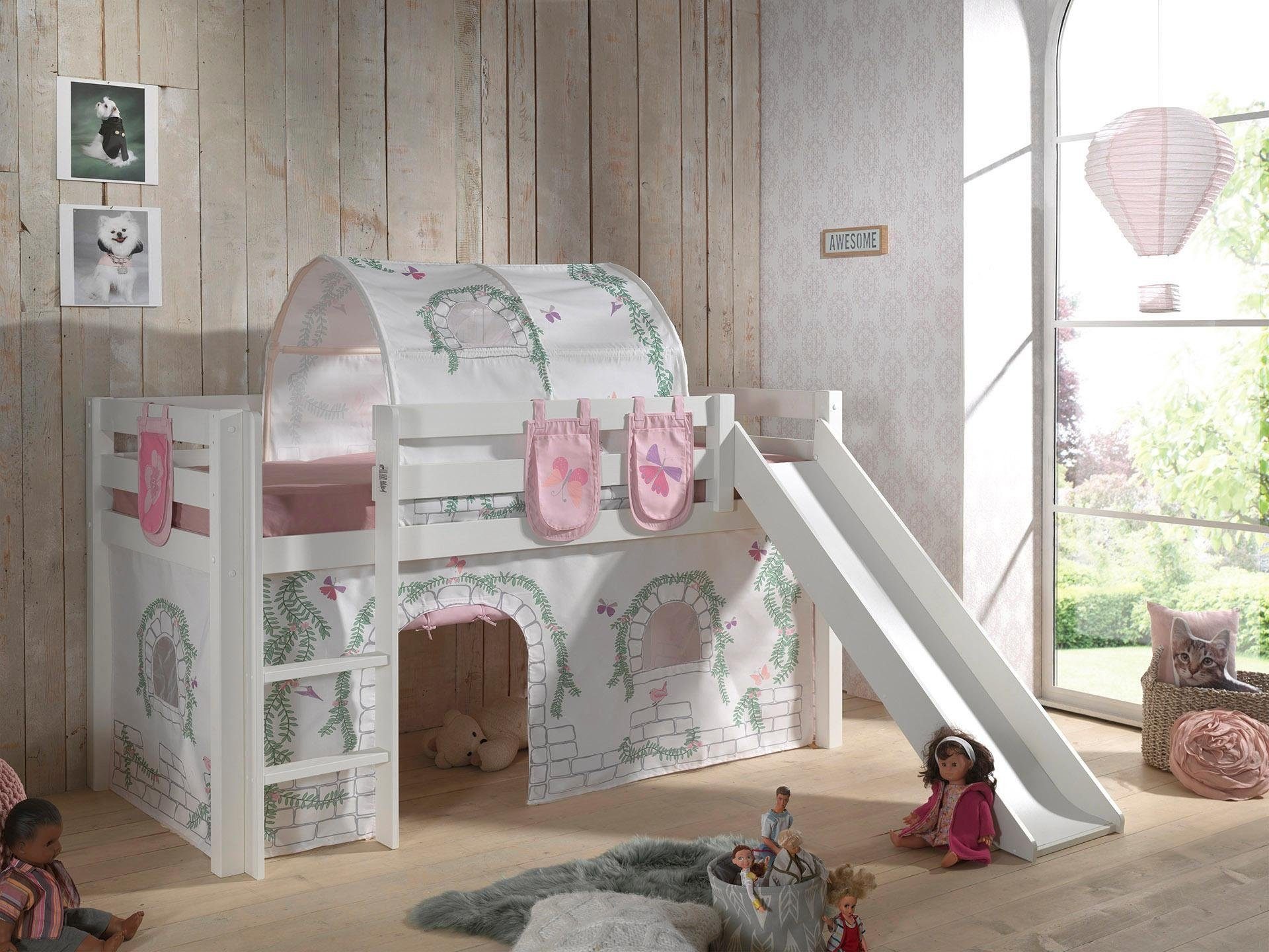Vipack PINO Lit mezzanine avec toboggan Blanc Birdy