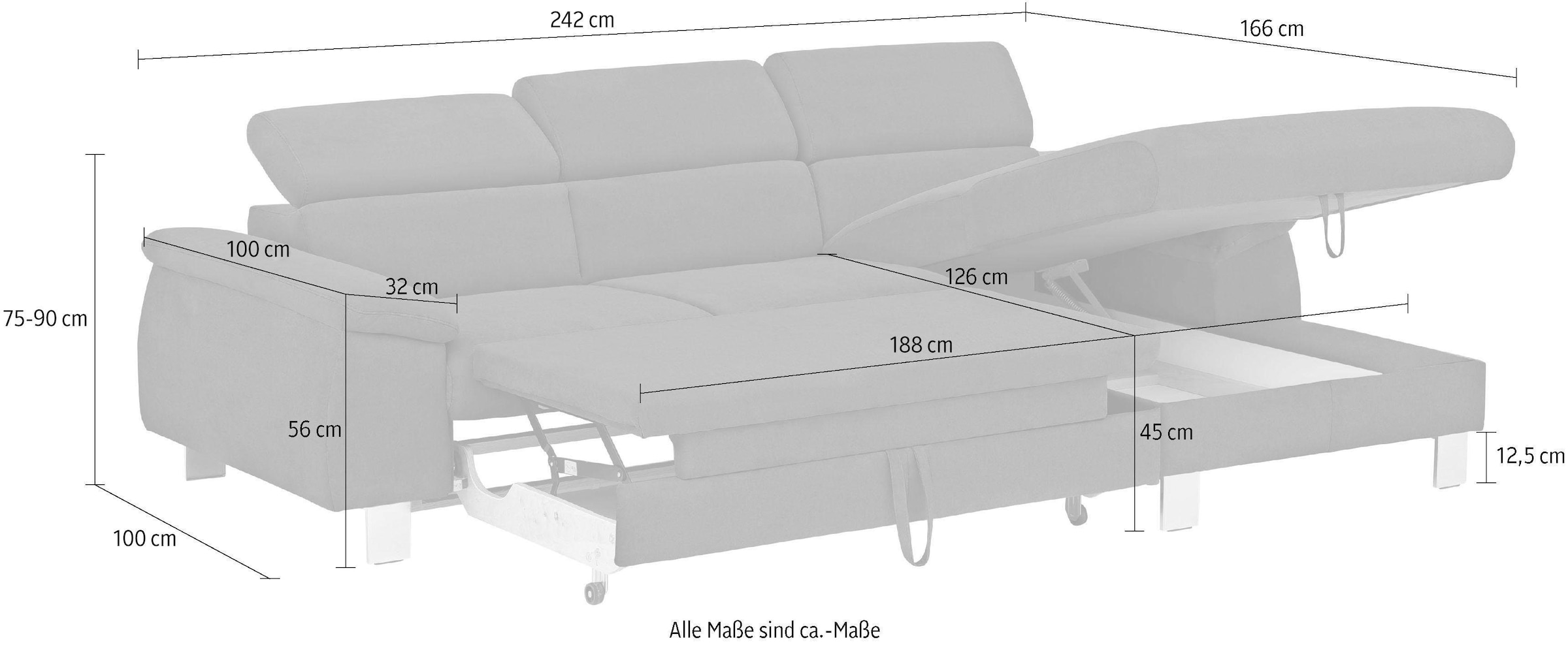 COTTA Ecksofa Komaris, Ecksofa, wahlweise mit RGB-LED-Beleuchtung und Bettfunktion/Bettkasten