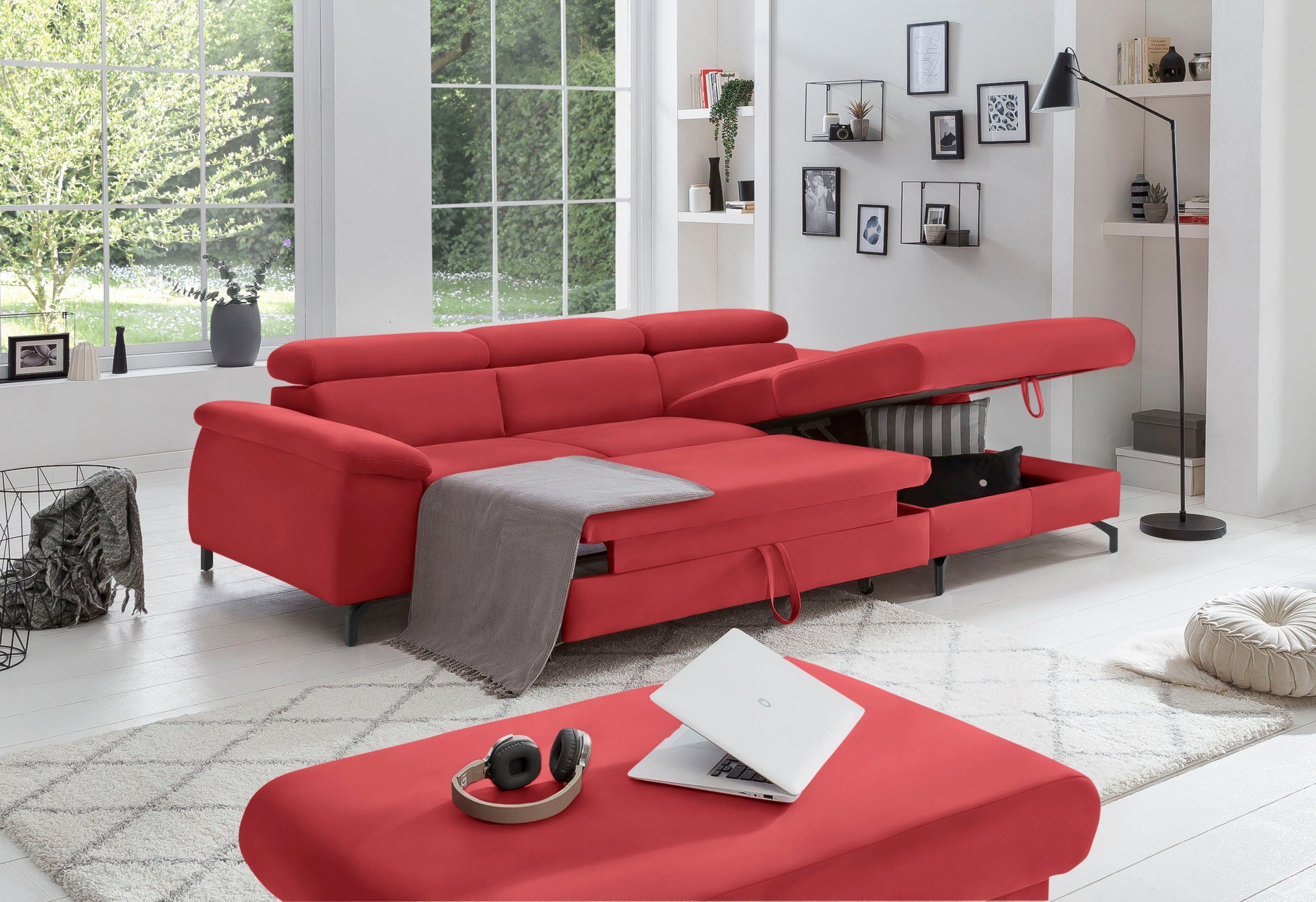 COTTA Polstergarnitur »Komaris L-Form«, (Set), Set bestehend aus: Ecksofa mit Kopfteilverstellung & Hocker