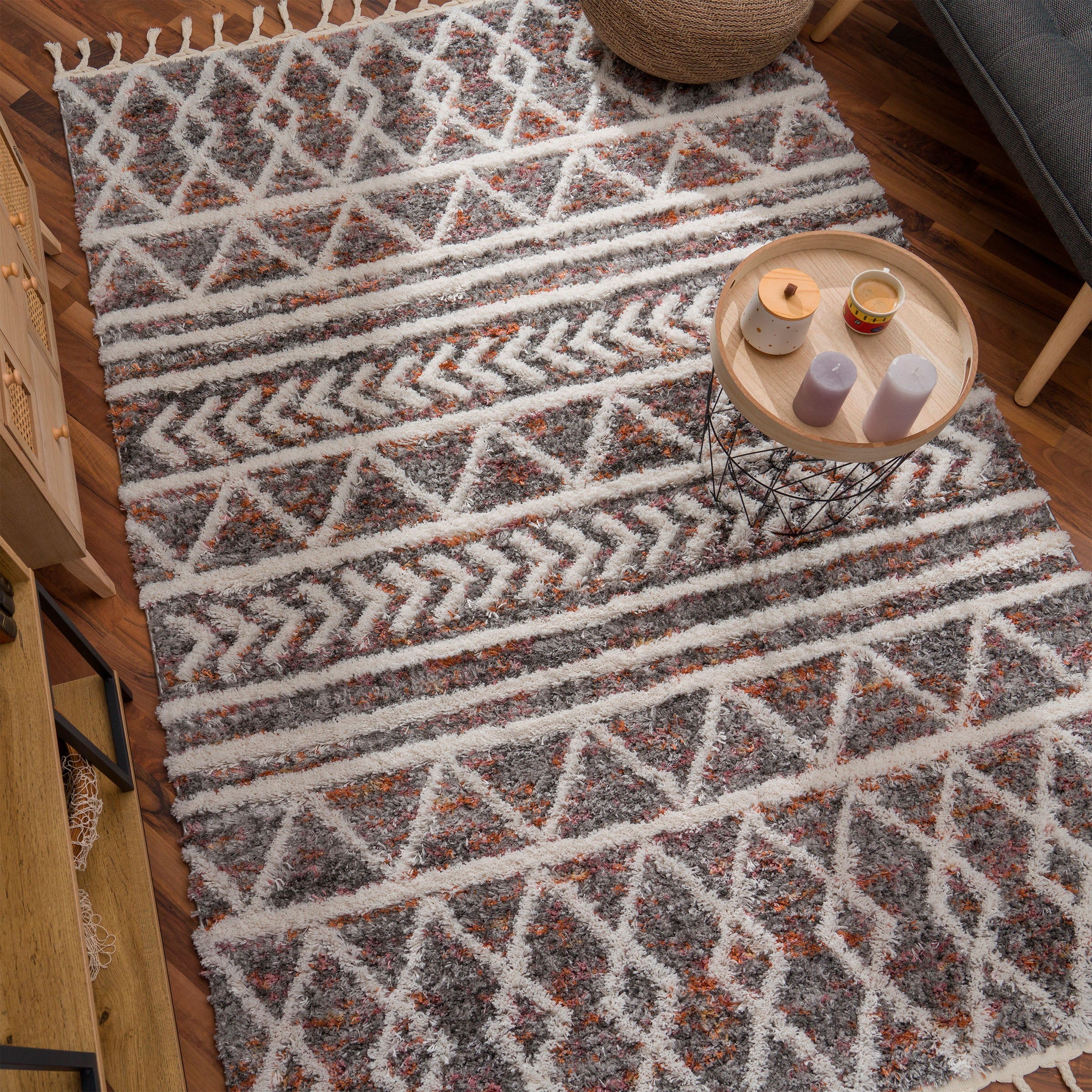 Paco Home Hochflor-Teppich »Monza 653«, rechteckig, 34 mm Höhe, meliert, Rauten Muster, 3D-Effekt, mit Fransen