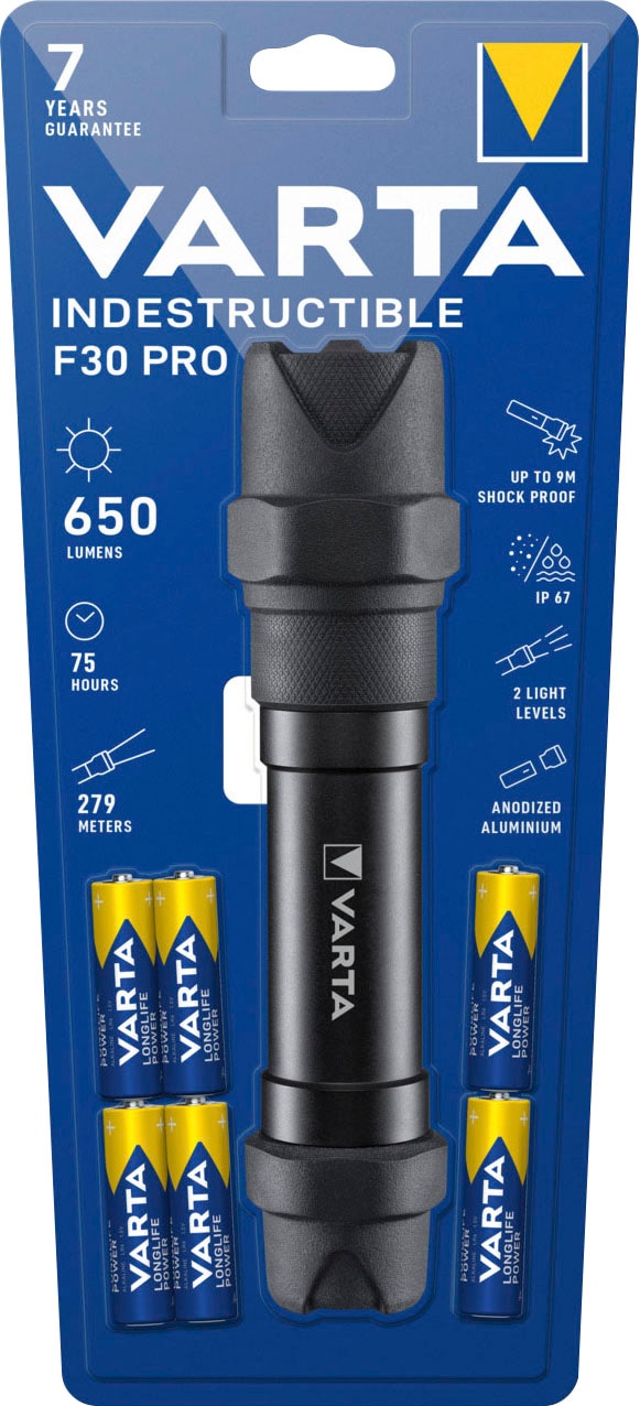 VARTA Taschenlampe »Indestructible F30 Pro 6 Watt LED«, wasser- und staubdicht, stossabsorbierend, eloxiertes Aluminium Gehäuse