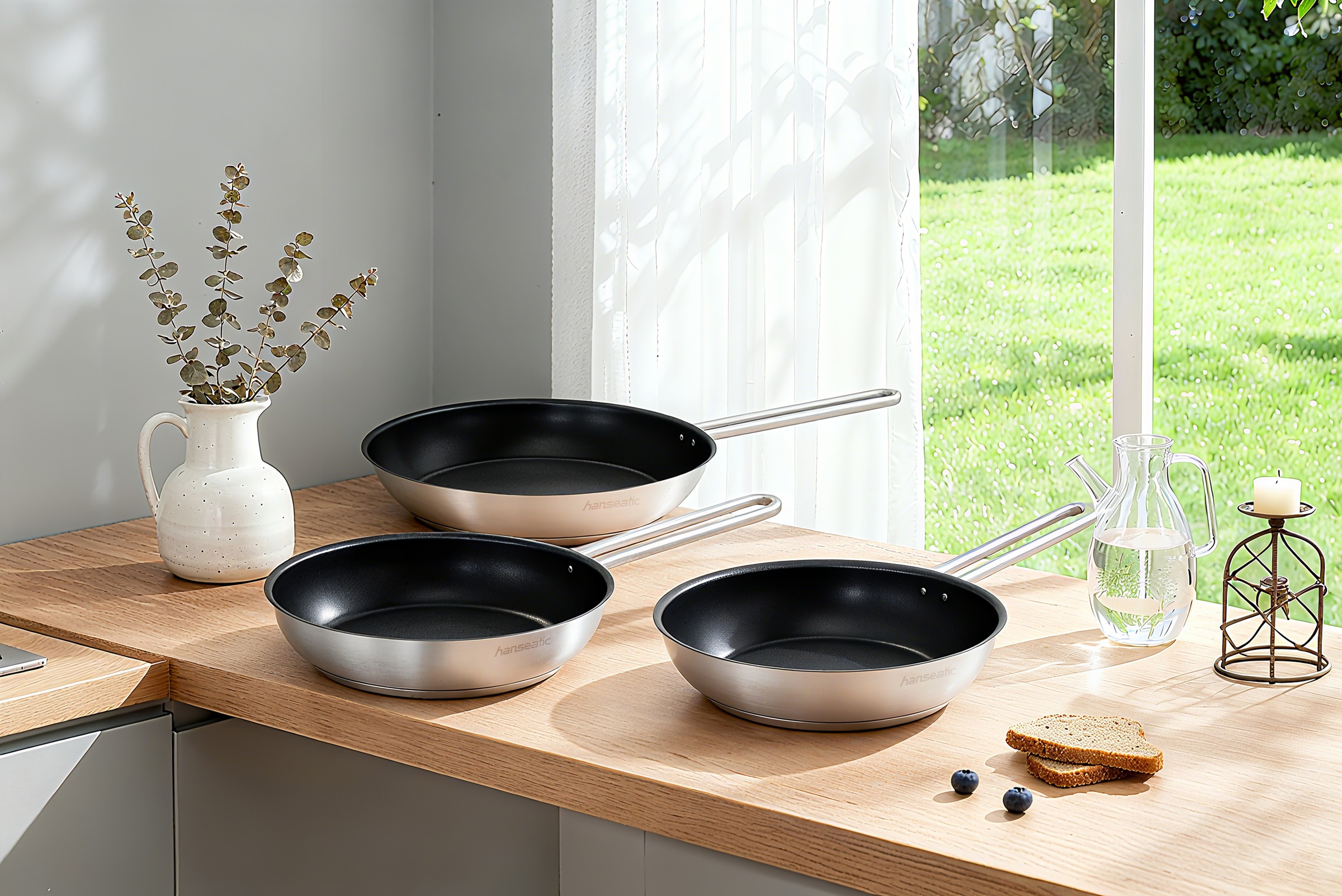Hanseatic Pfannen-Set »DAILY«, Edelstahl 18/10, (Set, 3 tlg., 1x Pfanne Ø 20 cm, 24 cm und 28 cm), Bratpfannen mit Antihaftbeschichtung, für alle Herdarten, Induktion