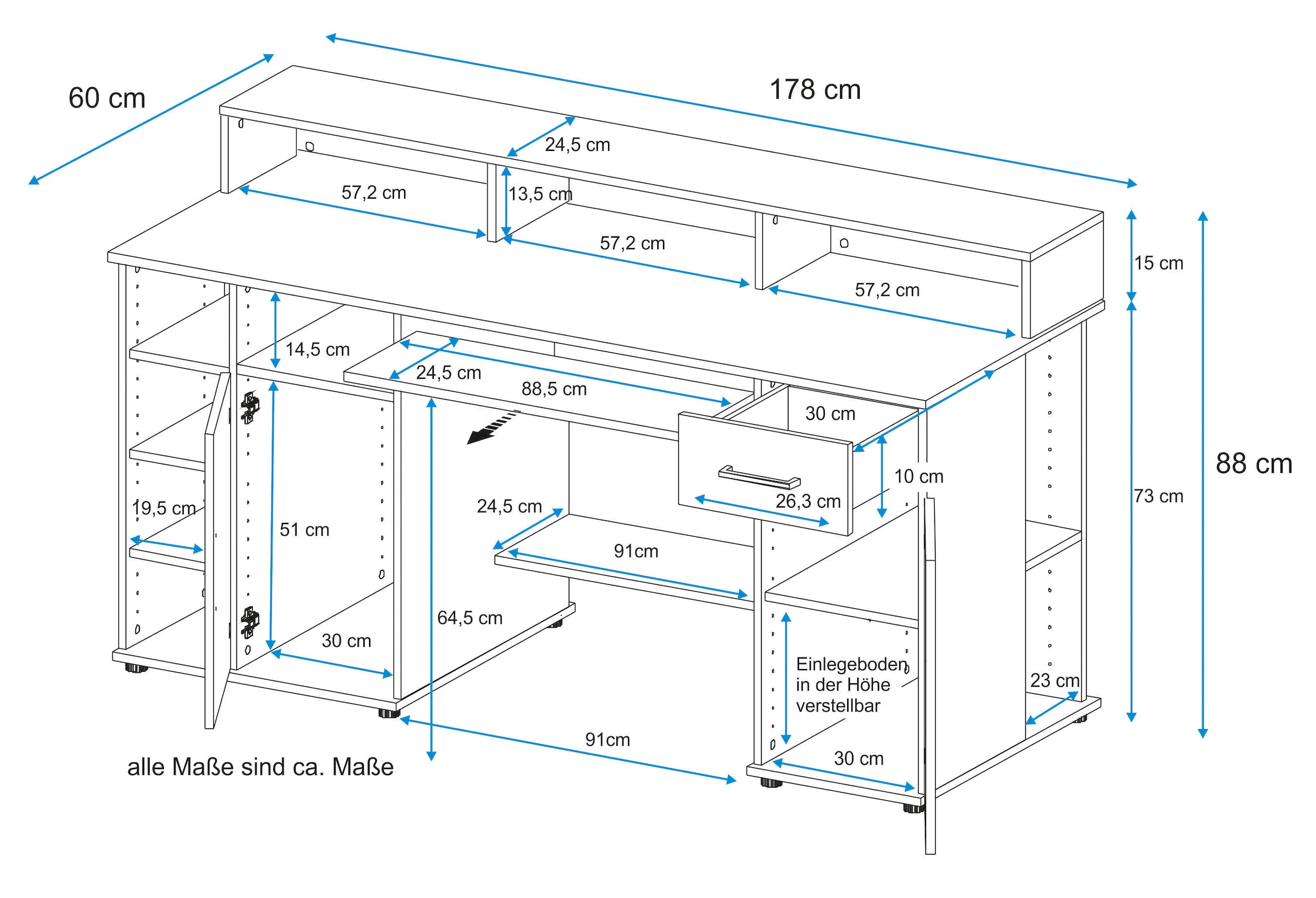VOGL Möbelfabrik Schreibtisch »Tim mit Monitoraufsatz, Tastaturauszug & Towerfach,«, Breite 154 oder 178 cm, Made in Germany