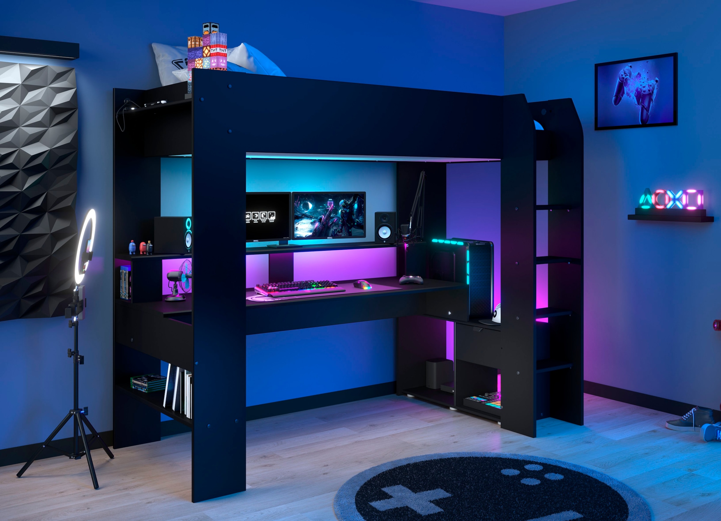 Parisot Hochbett »Gaming-Bett, mit Schreibtisch, USB Anschluss, LED, viel Stauraum«, ideal für kleine Räume, TOPSELLER!