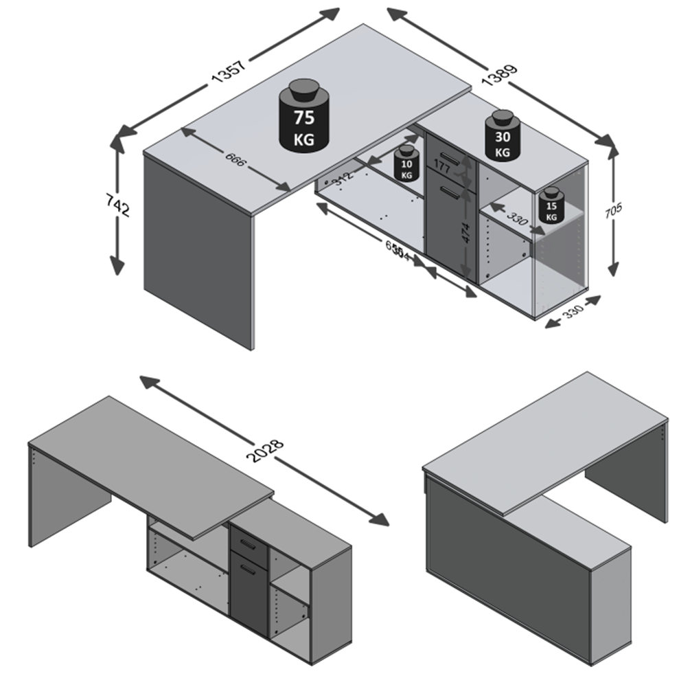 FMD Eckschreibtisch »Lex, Schreibtisch / Sideboard,«, variabel montierbar, Breite 136 / 205 cm, Made in Germany