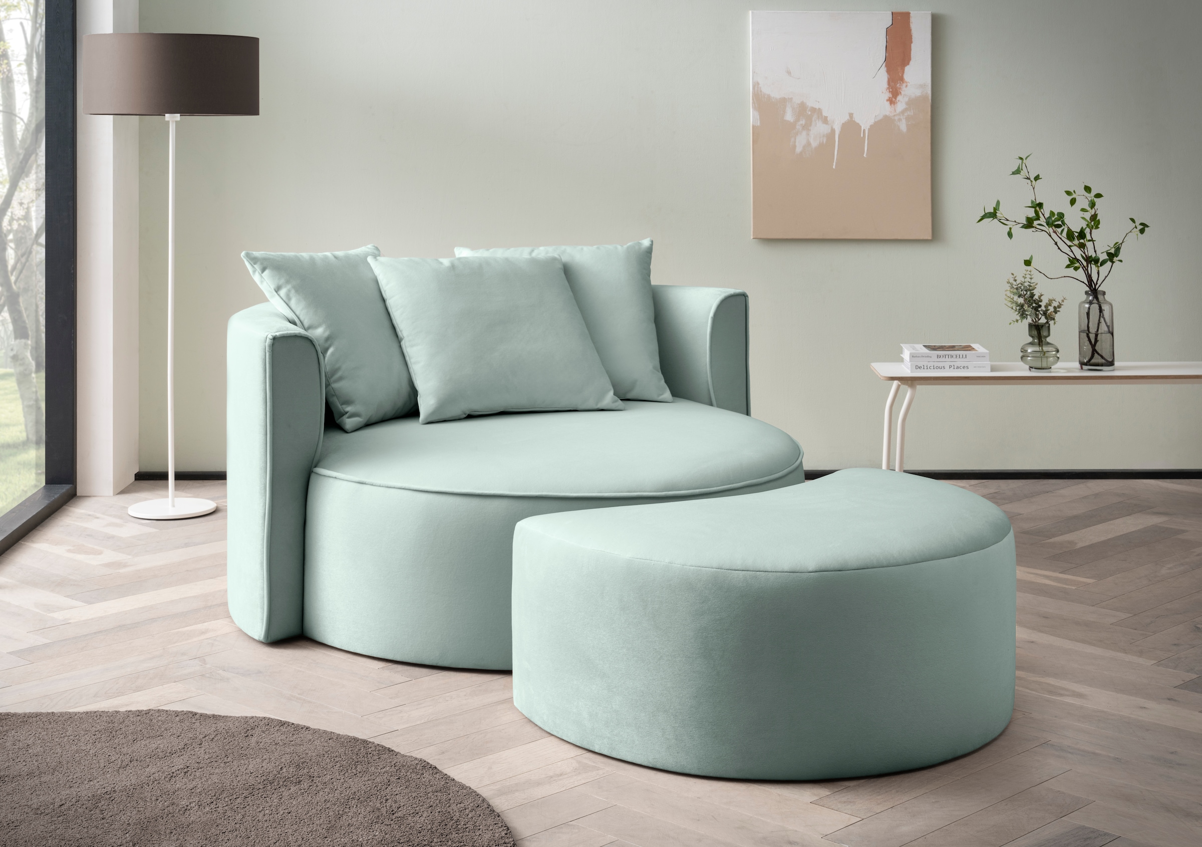 LeGer Home by Lena Gercke XXL-Sessel »ISALIE, Rundsessel mit Hocker, Lesesessel, Loveseat, Big-Sessel«, (Set), trendige Stoffe, 3 Zierkissen, grosse Sitzfläche, Cord, Samt, Bouclé
