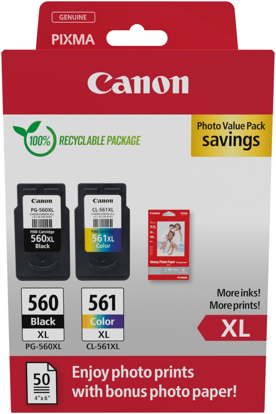Canon Tintenpatrone »PG-560XL Schwarz und CL-561XL Farbe + Fotopapier Vorteilspack«