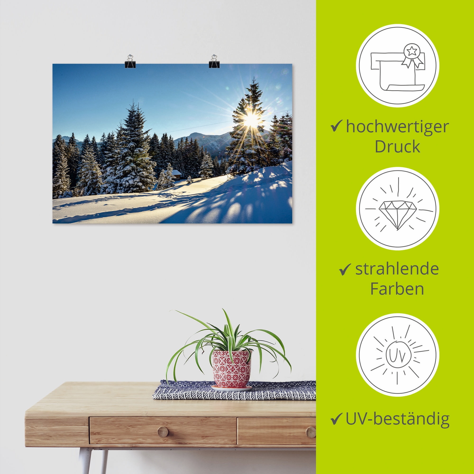Artland Poster »Winterlandschaft mit Sonnenstern«, Berge, (1 St.), als Alubild, Leinwandbild, Wandaufkleber oder Poster in versch. Grössen