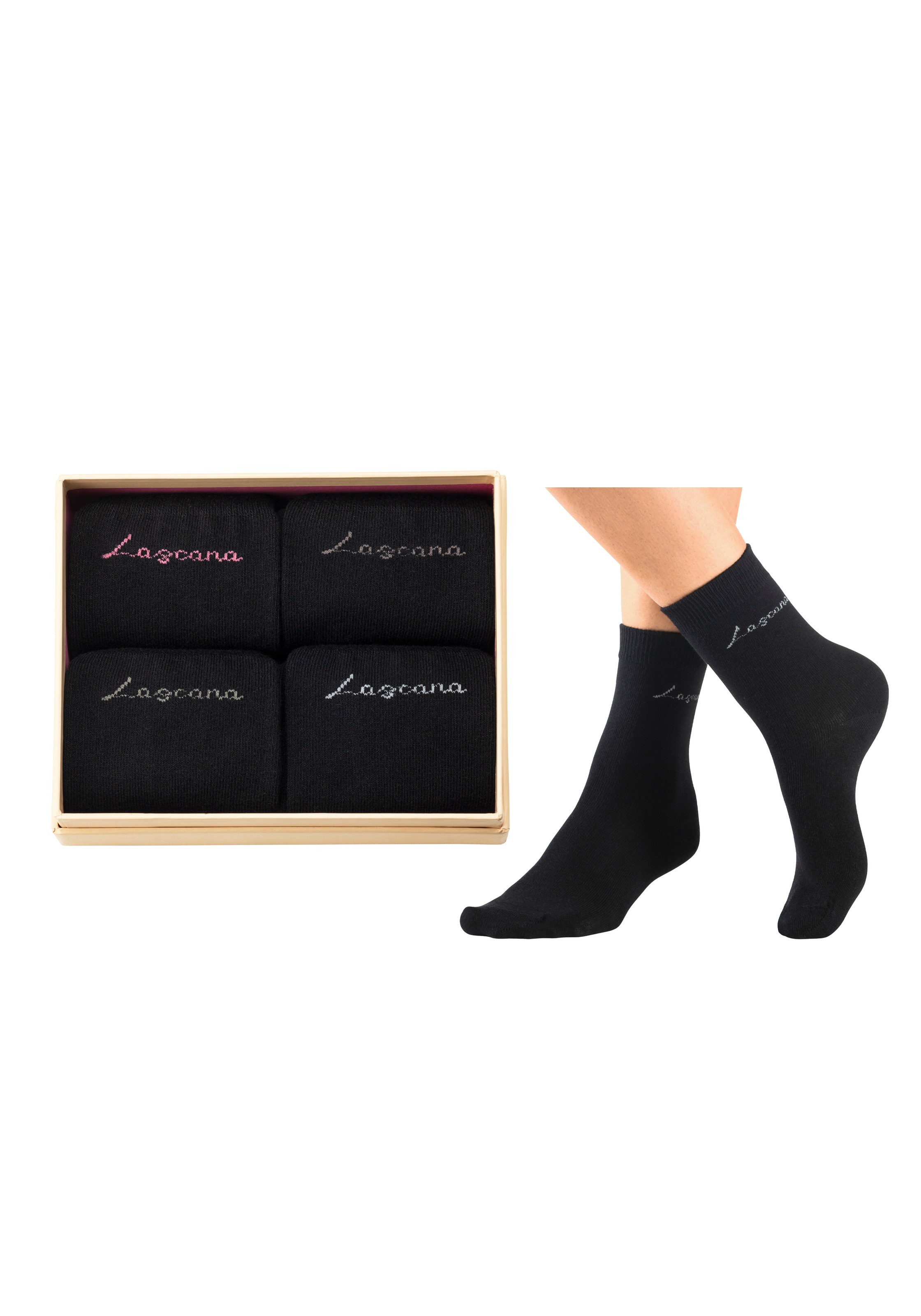 LASCANA Basicsocken, (Box, 4 Paar), in ansprechender Geschenkbox