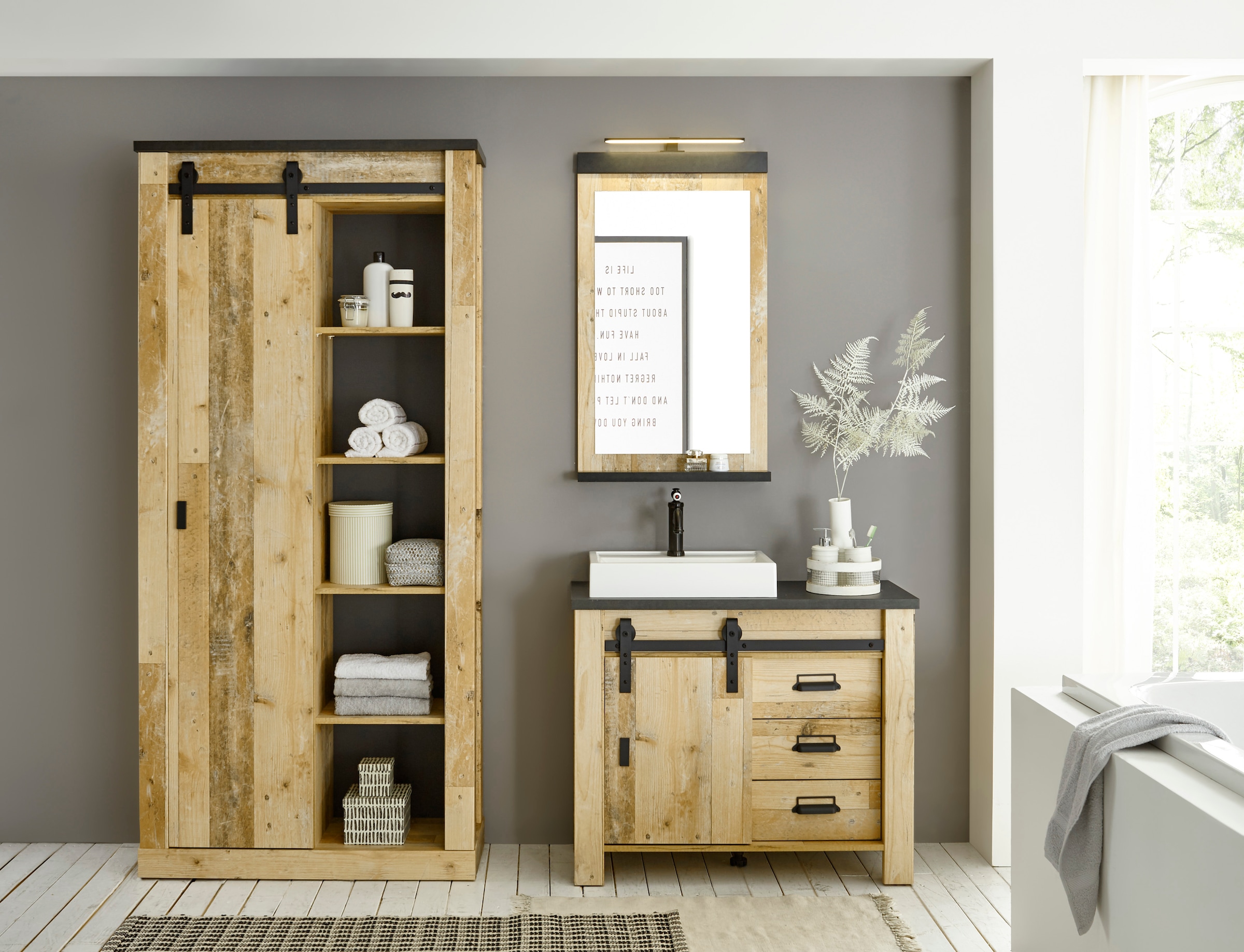 Home affaire Badmöbel-Set »SHERWOOD, Bad im modernen Design, 3-teiliges Badezimmer«, (3 St.), in 2 Farben verfügbar, Scheunentorbeschlag & Apothekergriff aus Metall