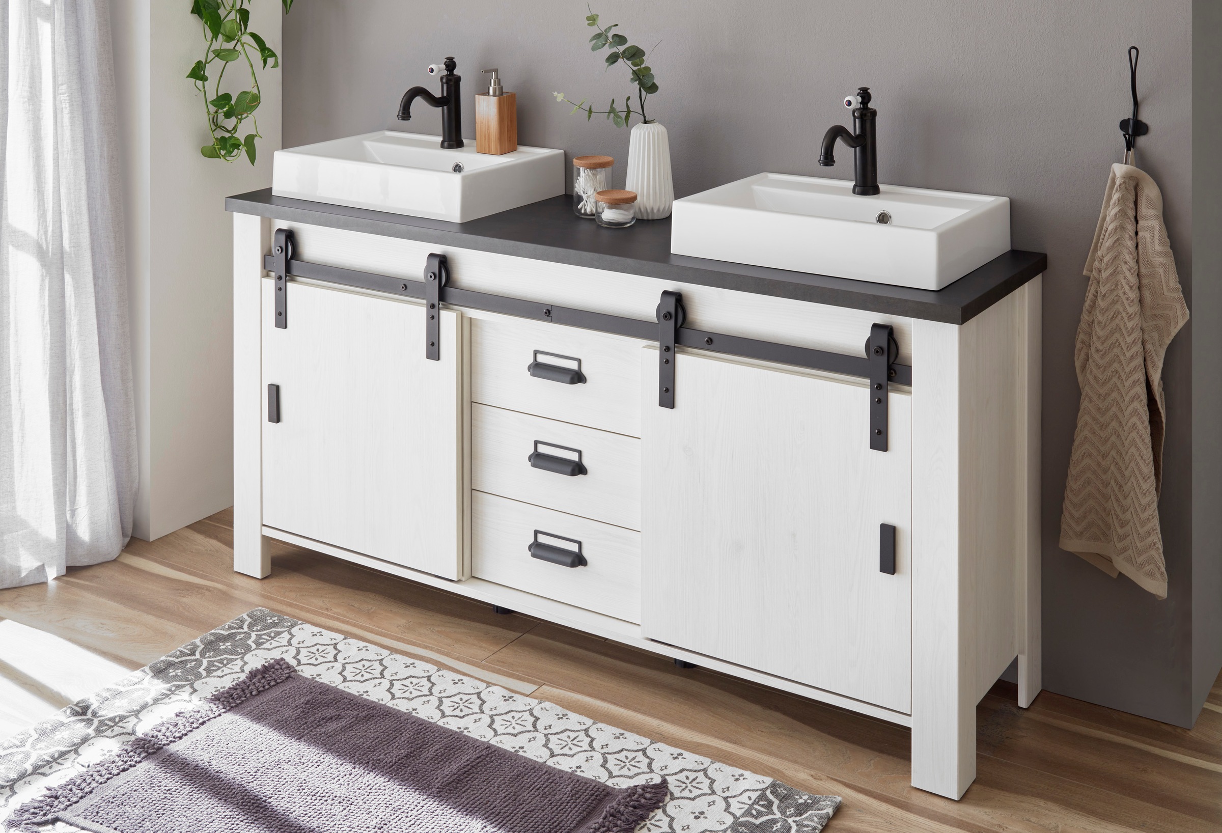 Home affaire Waschtisch »SHERWOOD«, Holz, Scheunentorbeschlag und Apothekergriffe aus Metall, Höhe 91 cm