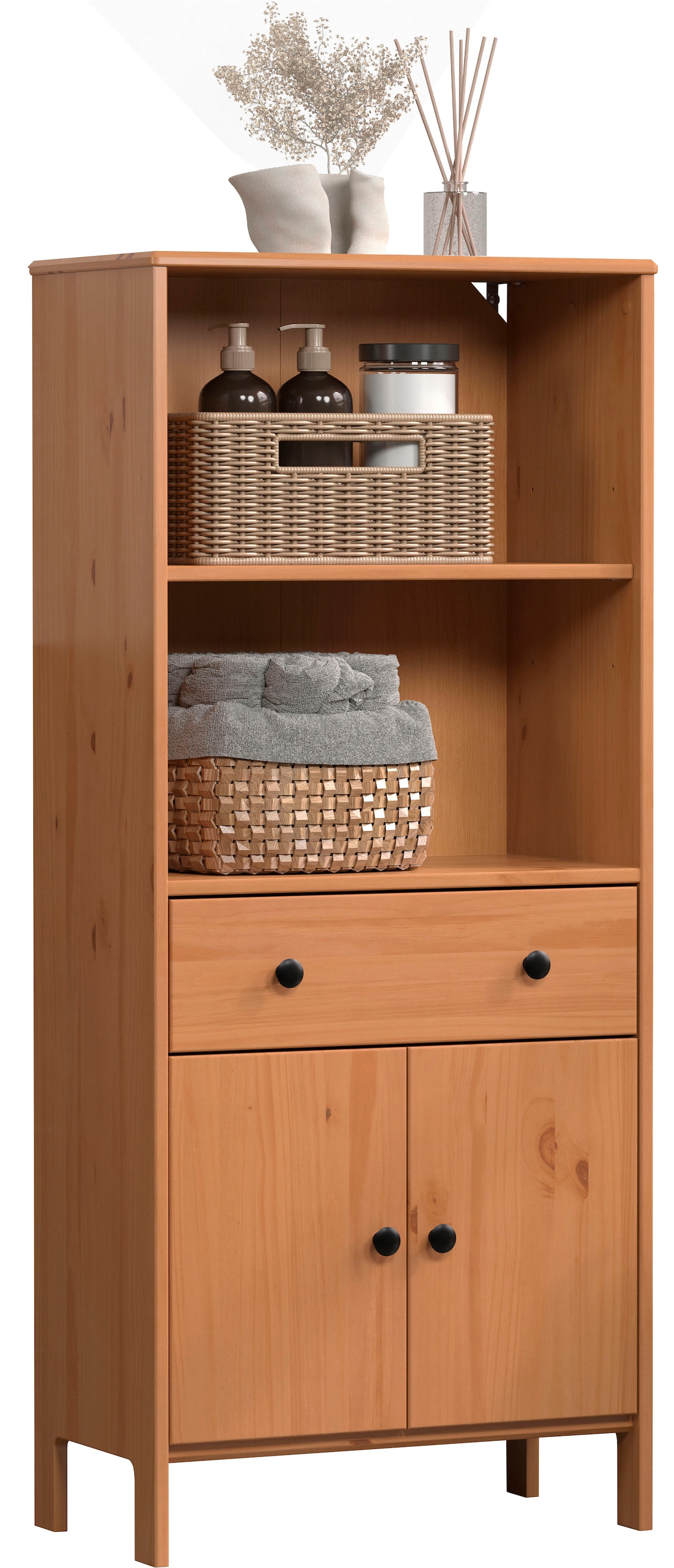 welltime Midischrank »Kall«, (1 St.), Breites Badregal aus Kiefer-Massivholz - Weiss oder Braun lackiert